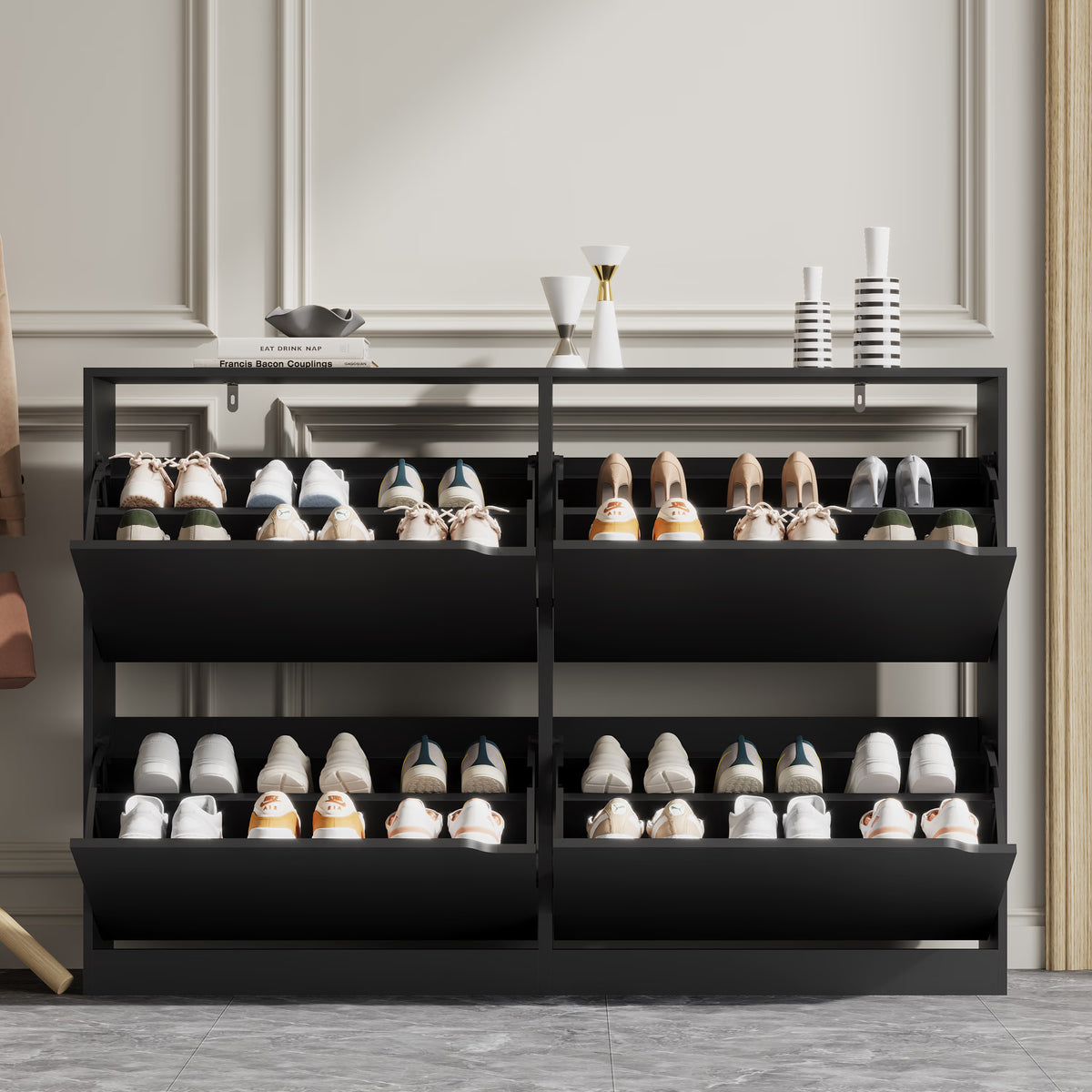 Anymaple Crestline Black 4-door shoe cabinet, narrow shoe cabinet styled for hallway entryway or apartment corridor