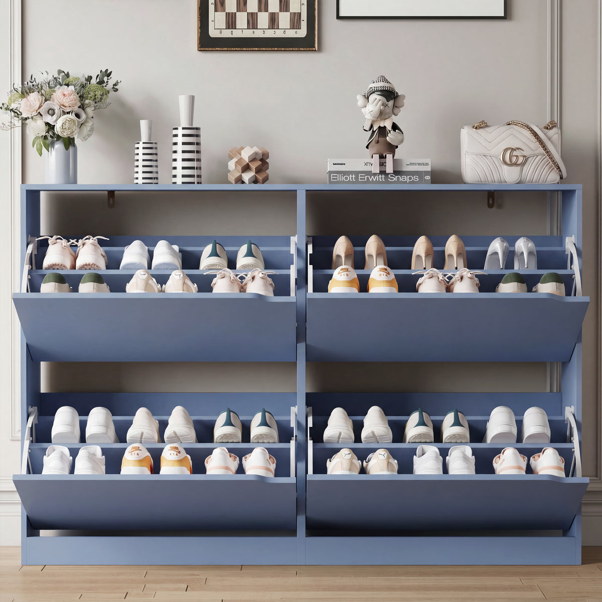 Anymaple Crestline Blue 4-door shoe cabinet, adjustable interior panels for flexible shoe organization