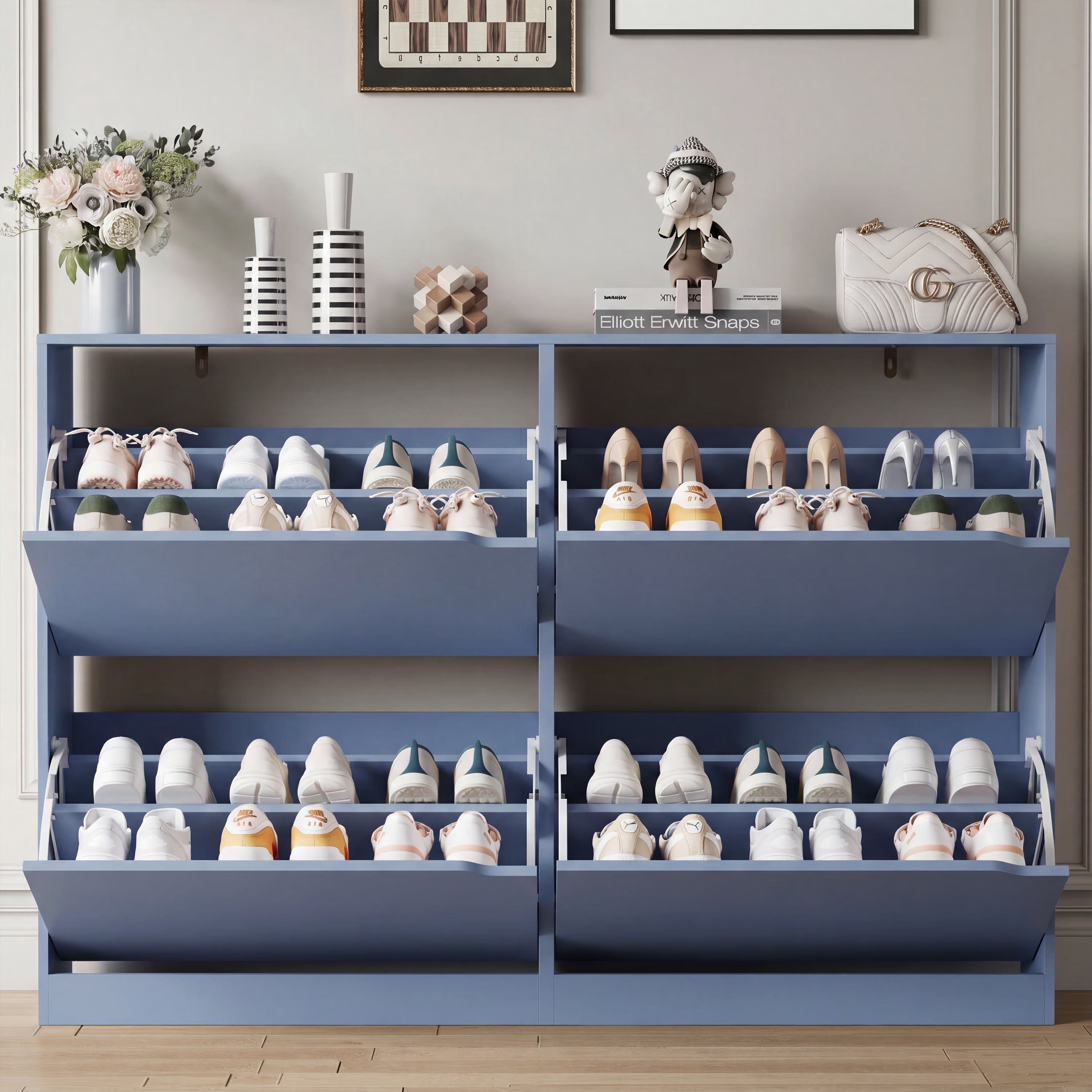 Anymaple Crestline Blue 4-door shoe cabinet, adjustable interior panels for flexible shoe organization