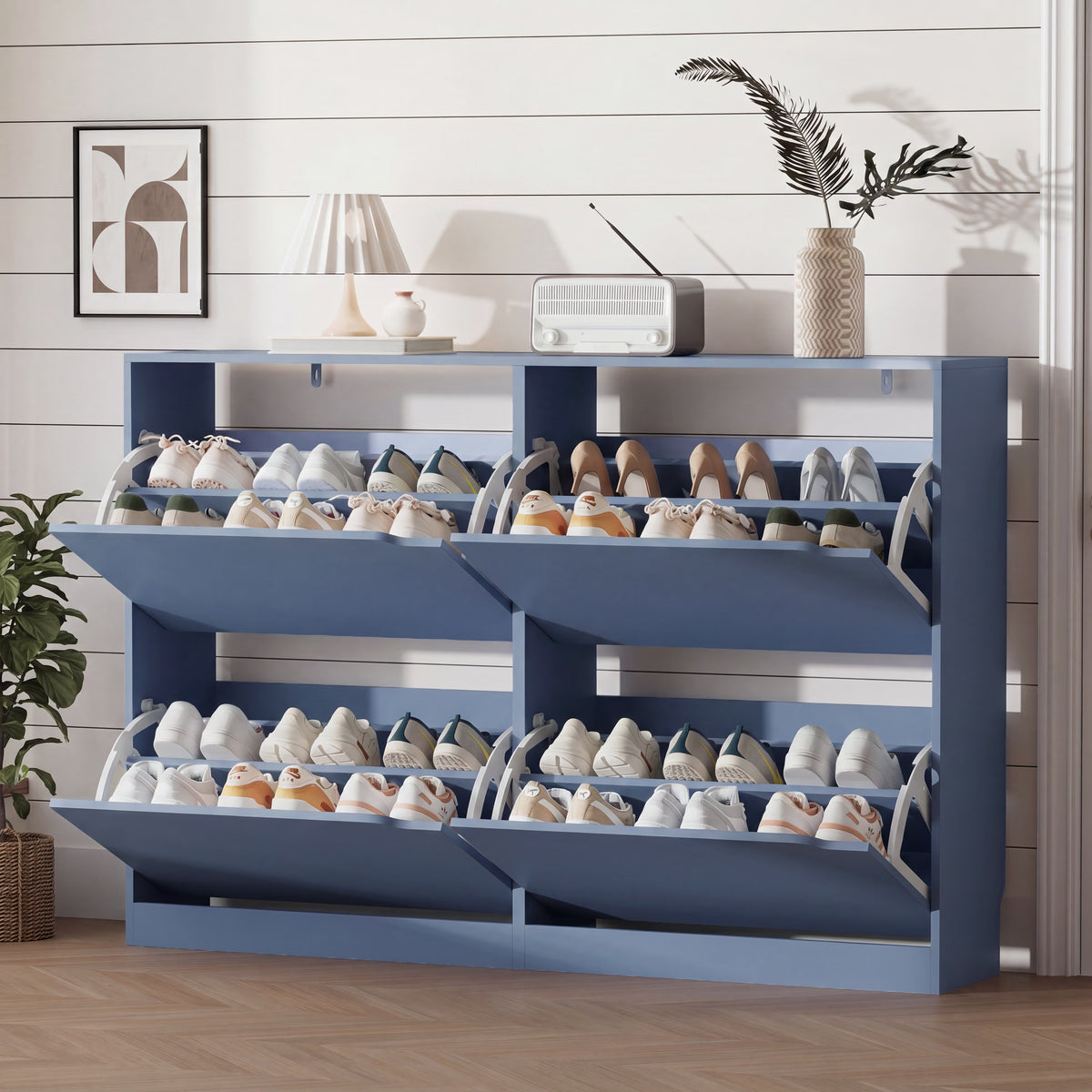 Anymaple Crestline Blue 4-door shoe cabinet, 4-door shoe cabinet for entryway with concealed flip drawer storage