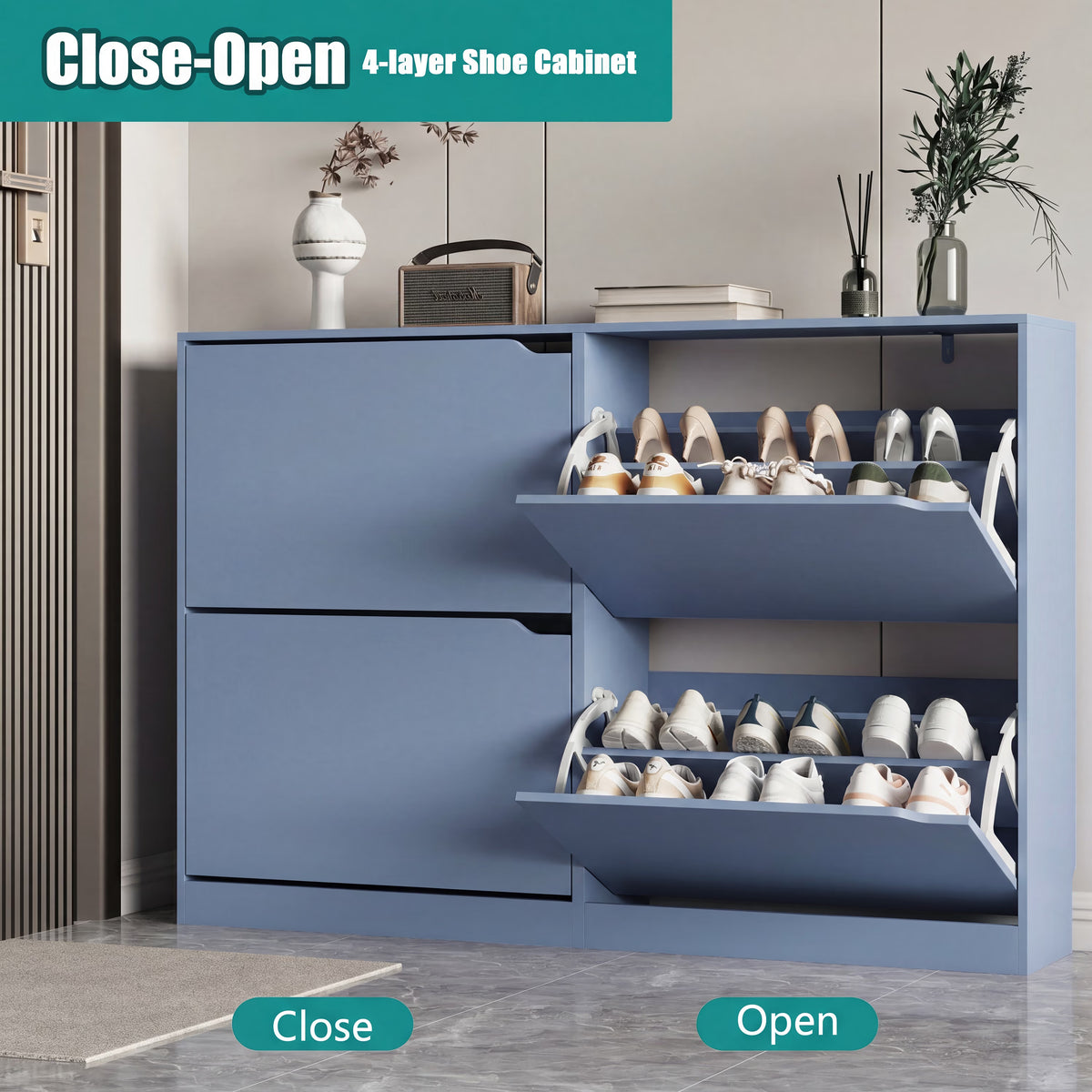 Anymaple Crestline Blue 4-door shoe cabinet, flip drawer storage for sneakers flats sandals and daily shoes