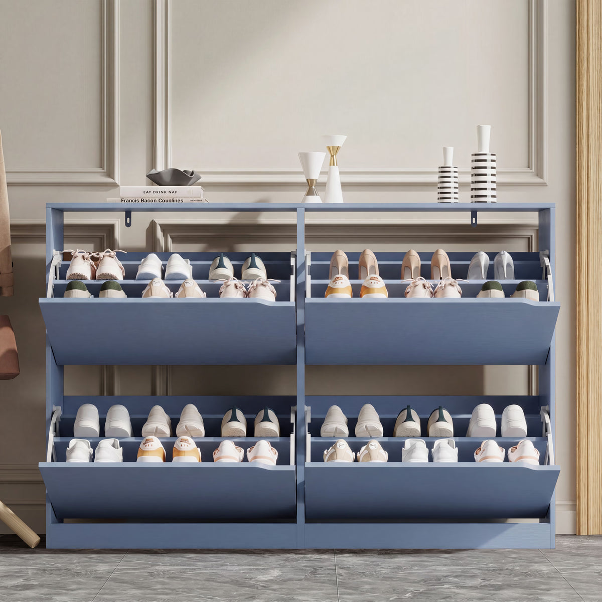 Anymaple Crestline Blue 4-door shoe cabinet, narrow shoe cabinet styled for hallway entryway or apartment corridor