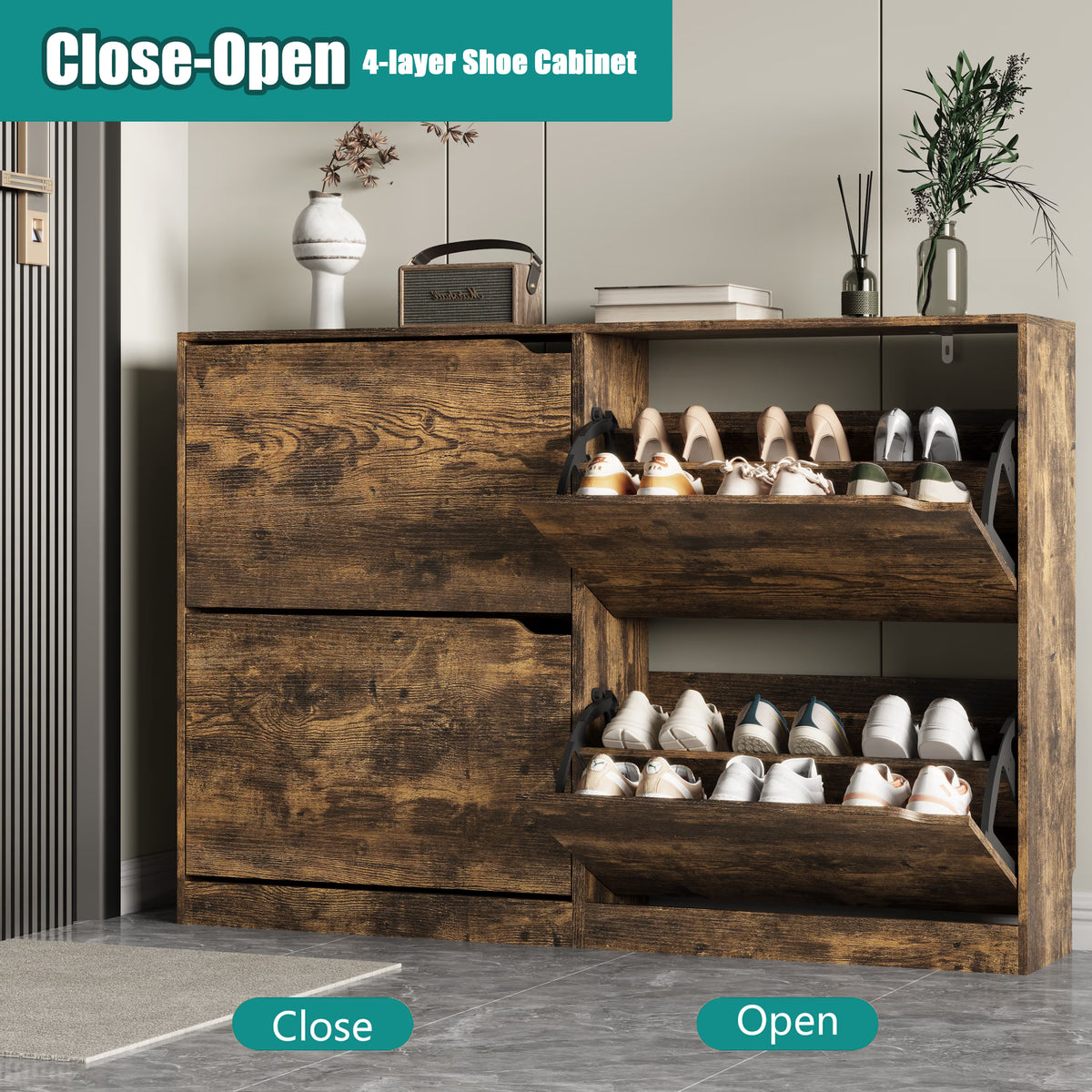 Anymaple Crestline Brown 4-door shoe cabinet, 4-door shoe cabinet for entryway with concealed flip drawer storage