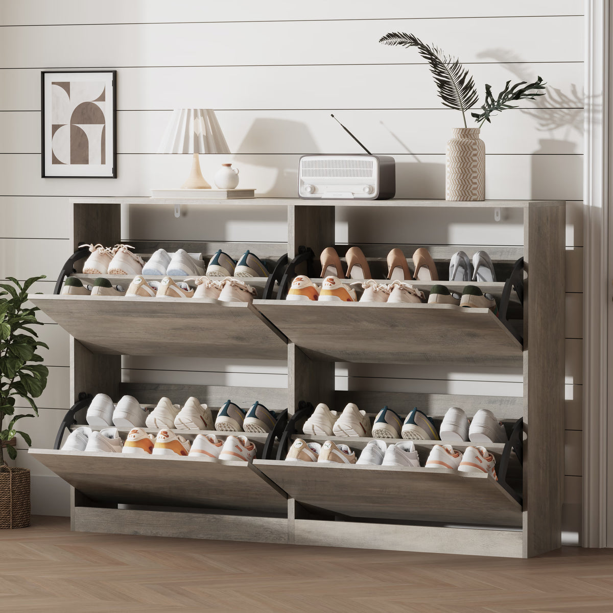 Anymaple Crestline Gray 4-door shoe cabinet, 4-door shoe cabinet for entryway with concealed flip drawer storage