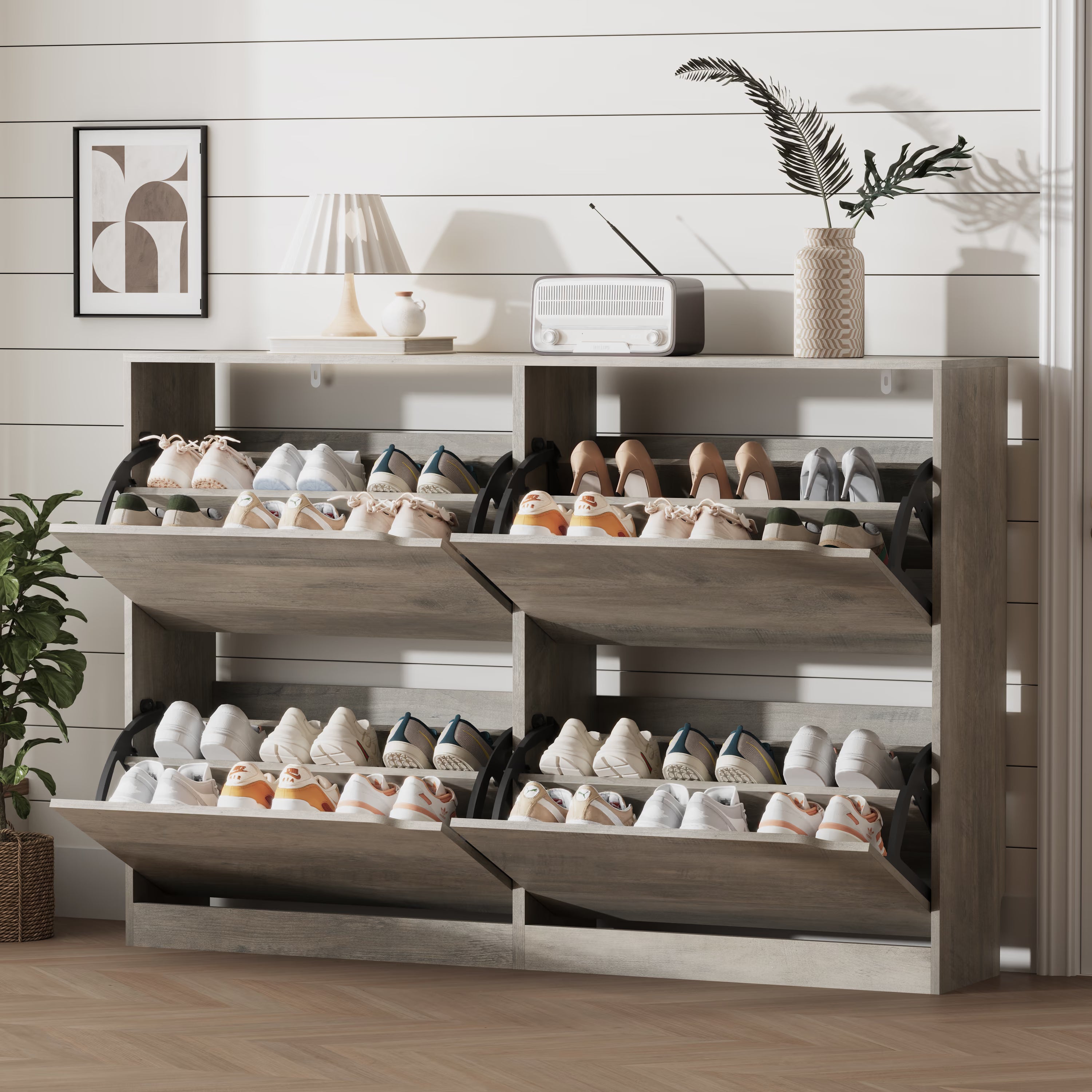 Anymaple Crestline Gray 4-door shoe cabinet, 4-door shoe cabinet for entryway with concealed flip drawer storage
