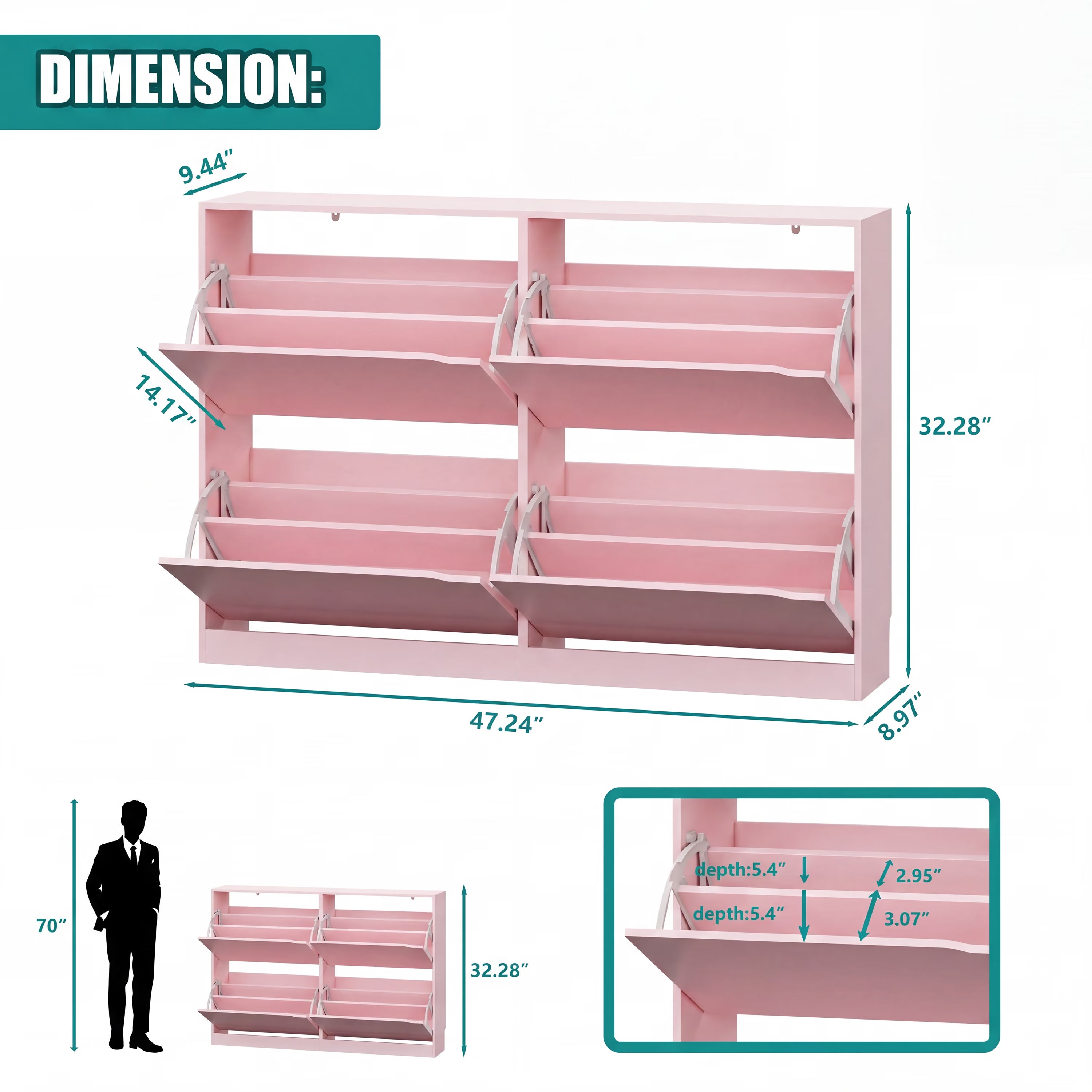 Anymaple Crestline Pink 4-door shoe cabinet, shoe cabinet dimensions for slim hallway and foyer placement