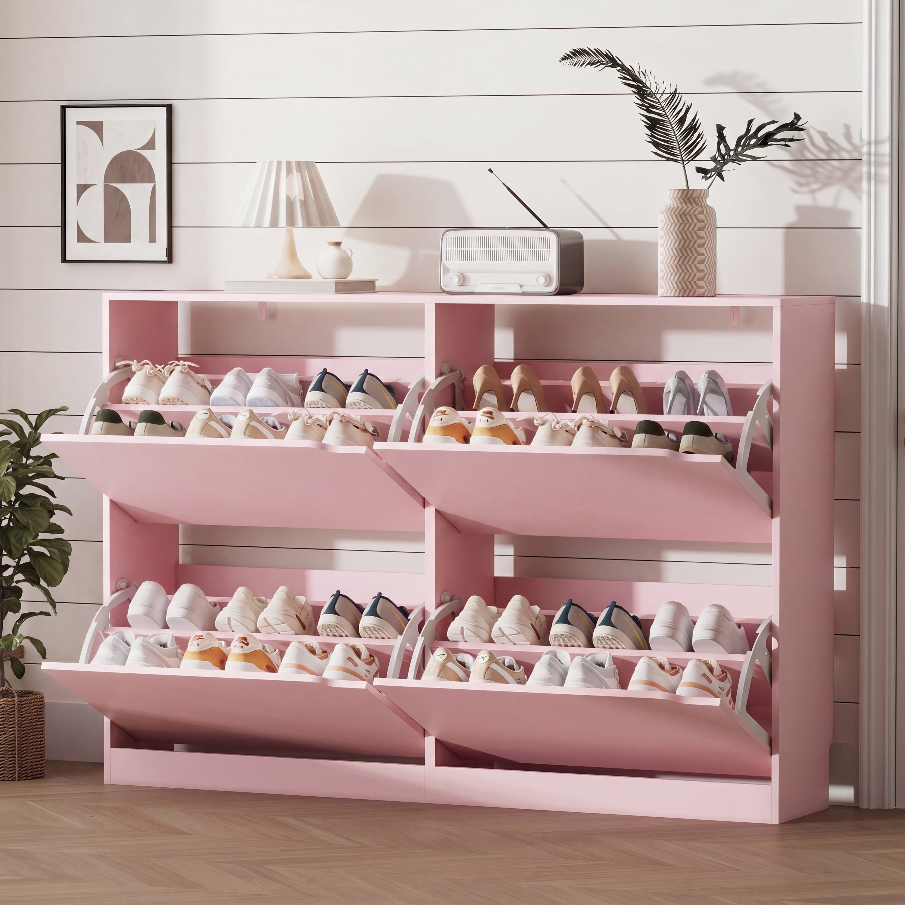 Anymaple Crestline Pink 4-door shoe cabinet, 4-door shoe cabinet for entryway with concealed flip drawer storage