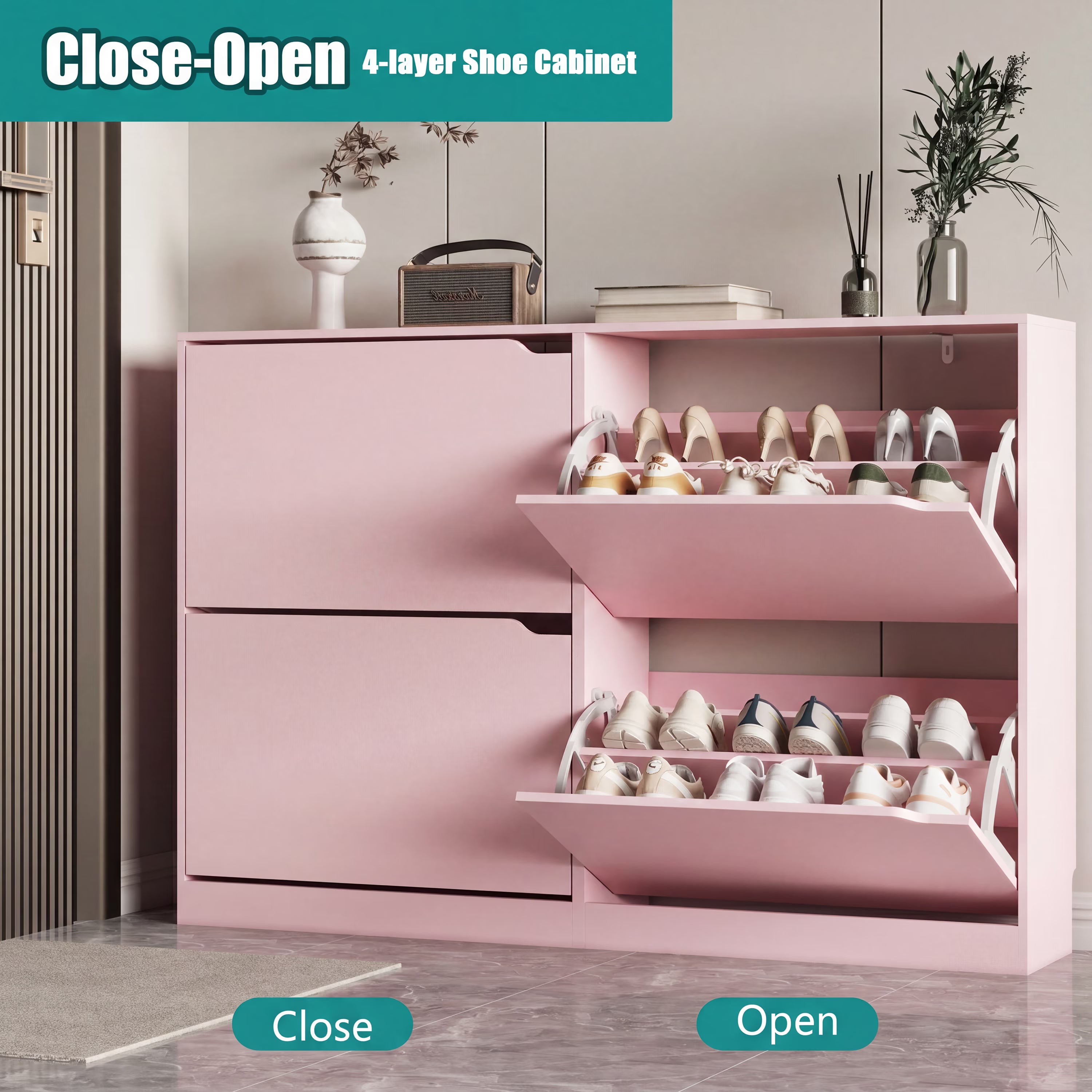 Anymaple Crestline Pink 4-door shoe cabinet, flip drawer storage for sneakers flats sandals and daily shoes