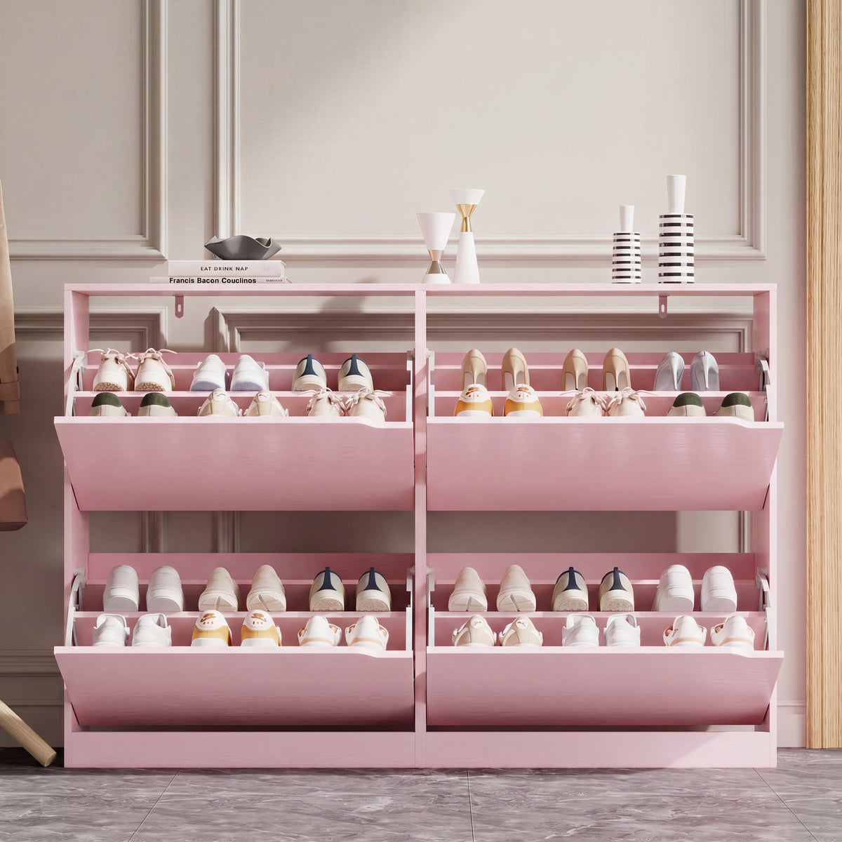 Anymaple Crestline Pink 4-door shoe cabinet, narrow shoe cabinet styled for hallway entryway or apartment corridor