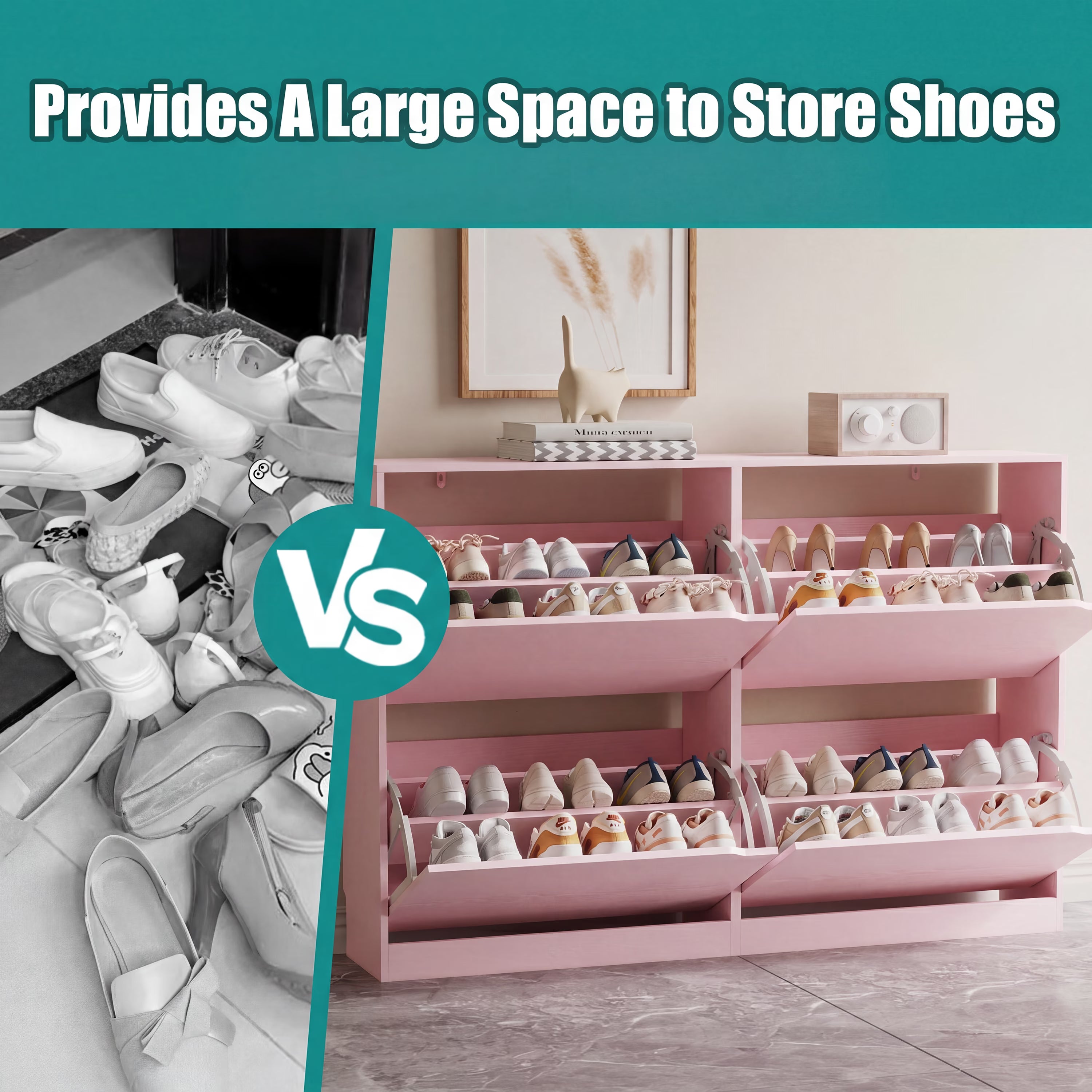 Anymaple Crestline Pink 4-door shoe cabinet, stable modern shoe organizer cabinet for everyday home entryway use