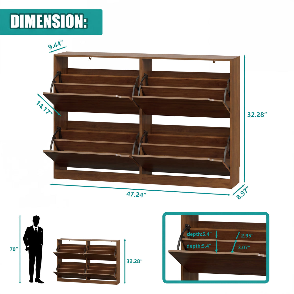 Anymaple Crestline Walnut 4-door shoe cabinet, shoe cabinet dimensions for slim hallway and foyer placement