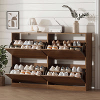 Anymaple Crestline Walnut 4-door shoe cabinet, 4-door shoe cabinet for entryway with concealed flip drawer storage
