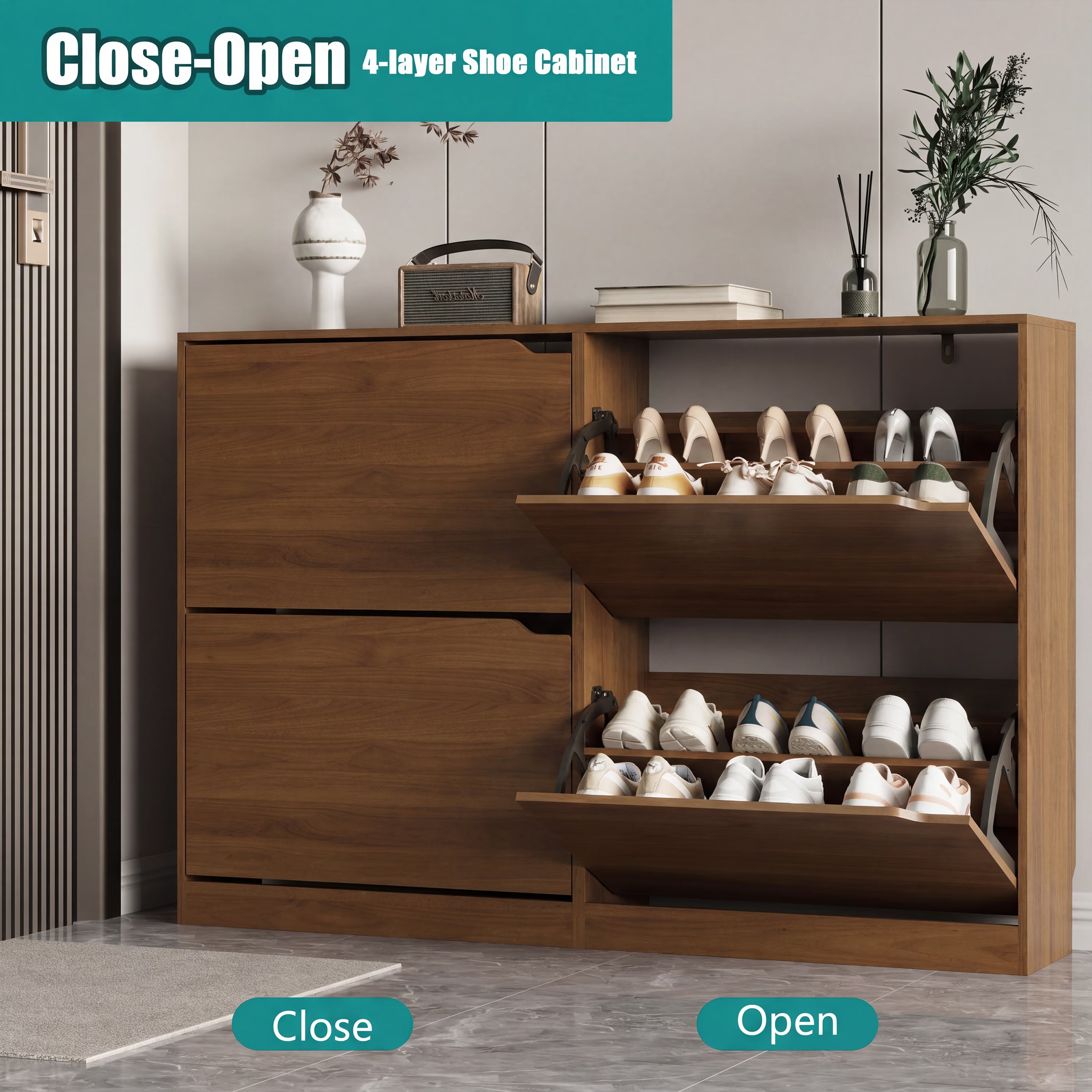 Anymaple Crestline Walnut 4-door shoe cabinet, flip drawer storage for sneakers flats sandals and daily shoes