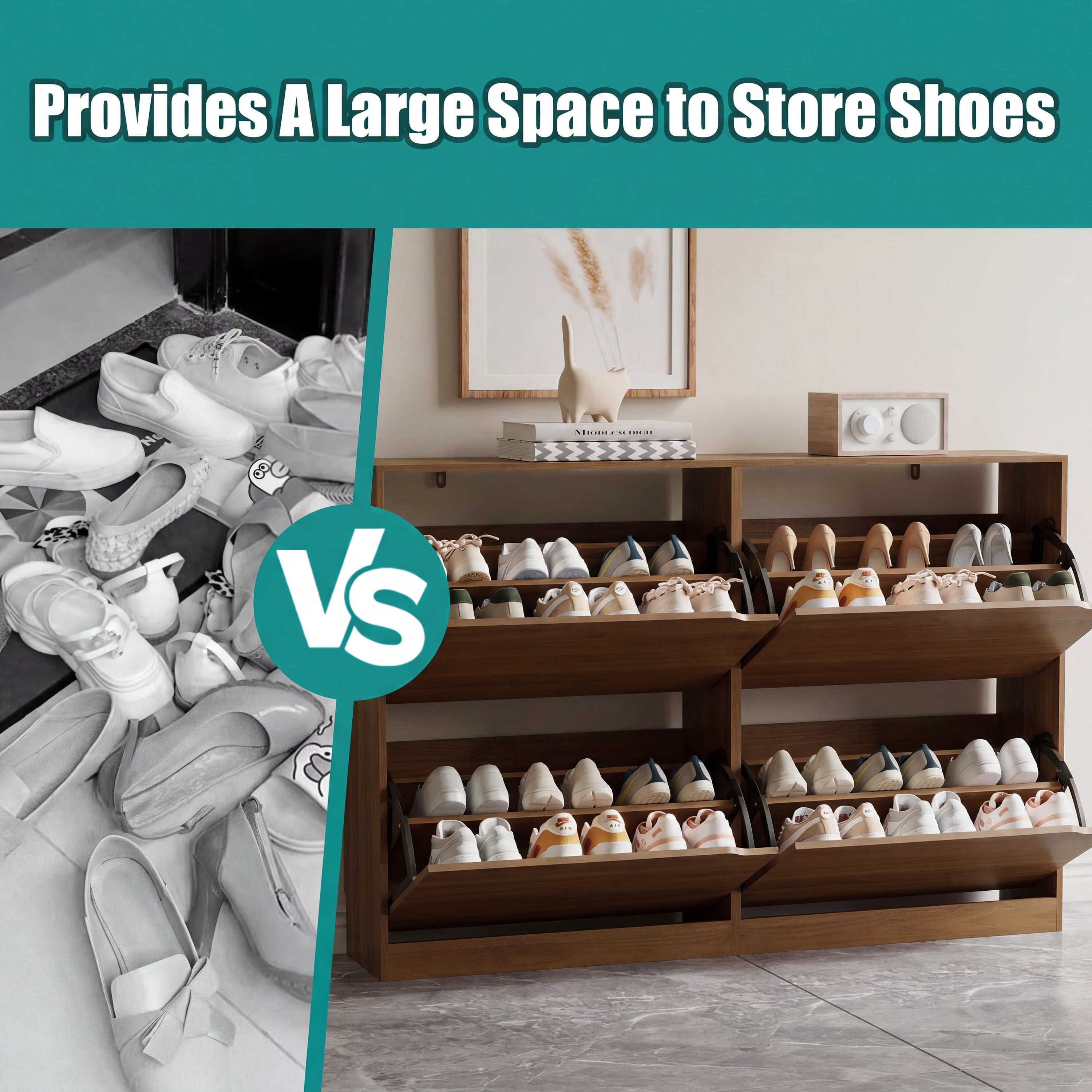 Anymaple Crestline Walnut 4-door shoe cabinet, hidden shoe storage cabinet that helps reduce visible clutter and dust