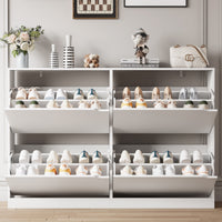 Anymaple Crestline White 4-door shoe cabinet, narrow shoe cabinet styled for hallway entryway or apartment corridor