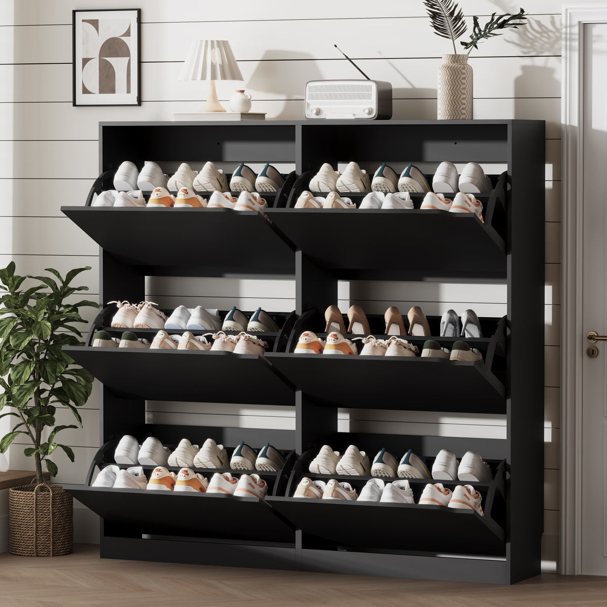 Anymaple Crestline HLG093 Black narrow shoe cabinet, 6 flip drawer shoe cabinet for entryway shoe storage