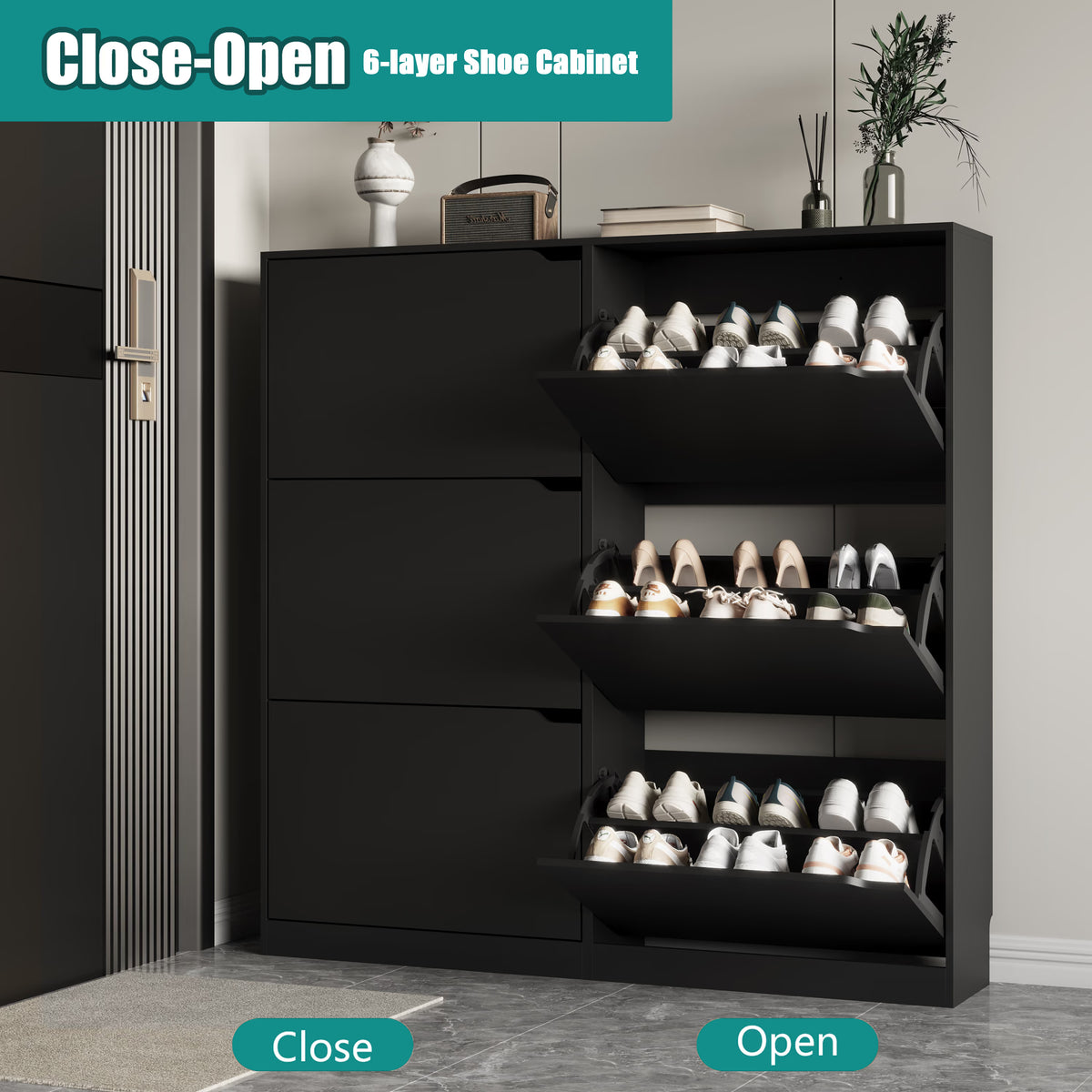 Anymaple Crestline HLG093 Black narrow shoe cabinet, slim narrow shoe cabinet styled in an entryway or foyer