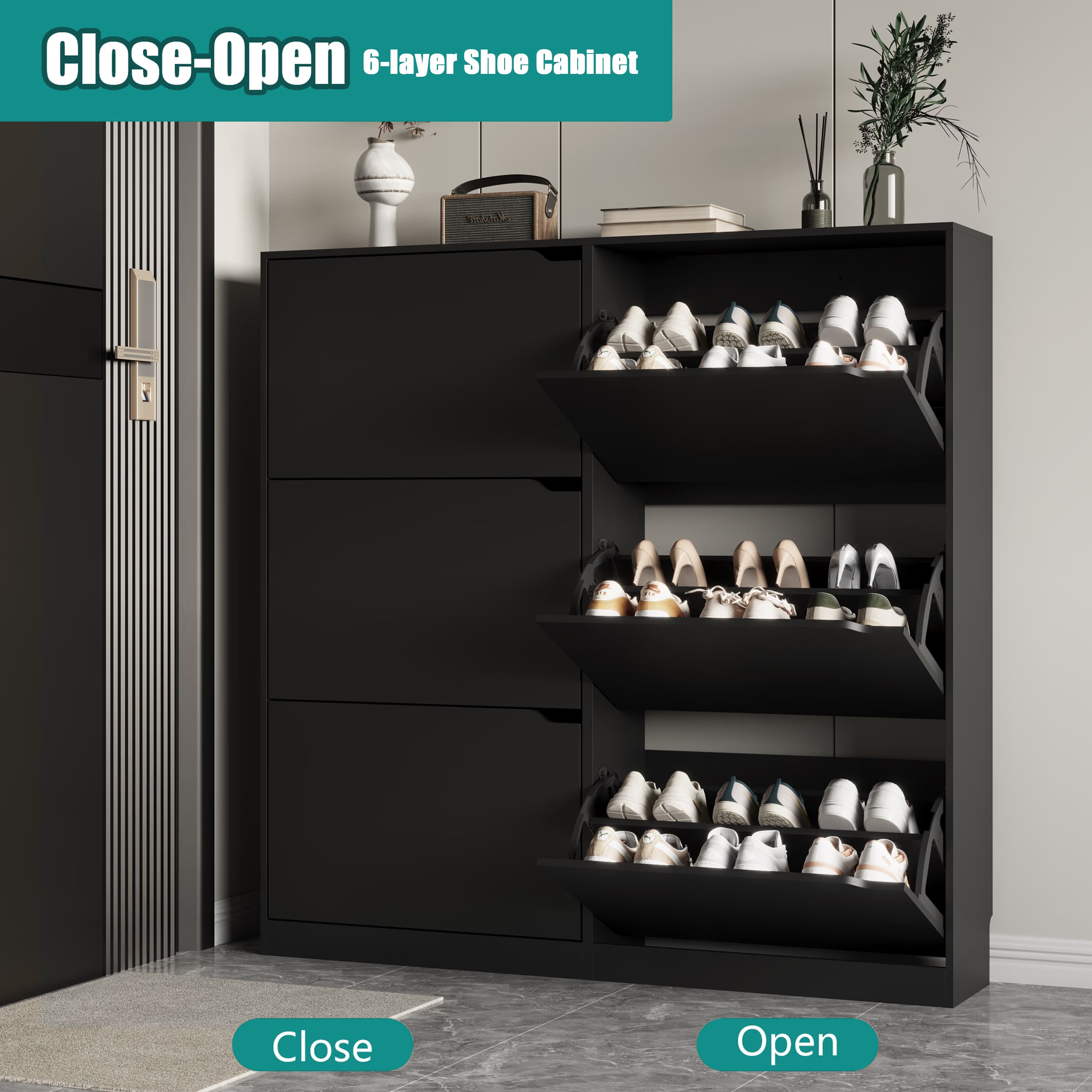 Anymaple Crestline HLG093 Black narrow shoe cabinet, slim narrow shoe cabinet styled in an entryway or foyer