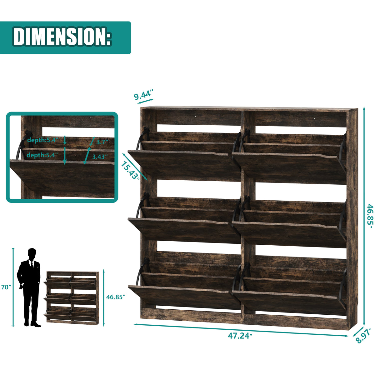 Anymaple Crestline HLG093 Brown narrow shoe cabinet, dimensions 47.24 inch wide 9.44 inch deep and 46.85 inch high