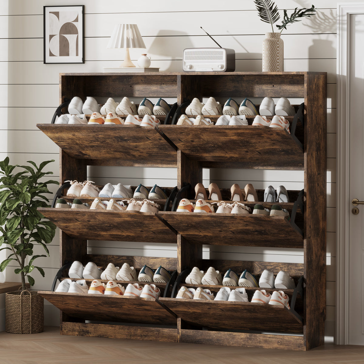 Anymaple Crestline HLG093 Brown narrow shoe cabinet, 6 flip drawer shoe cabinet for entryway shoe storage