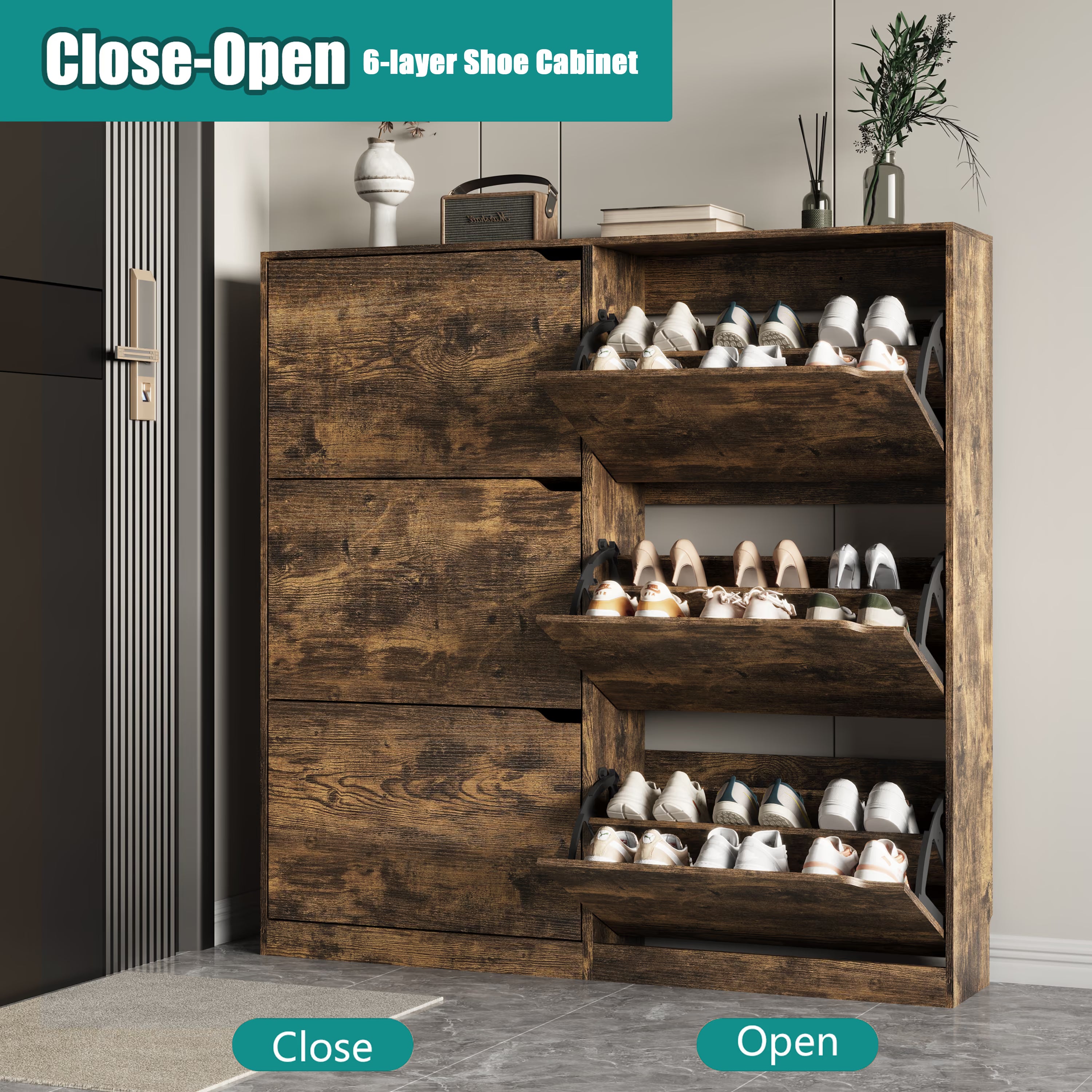 Anymaple Crestline HLG093 Brown narrow shoe cabinet, slim narrow shoe cabinet styled in an entryway or foyer