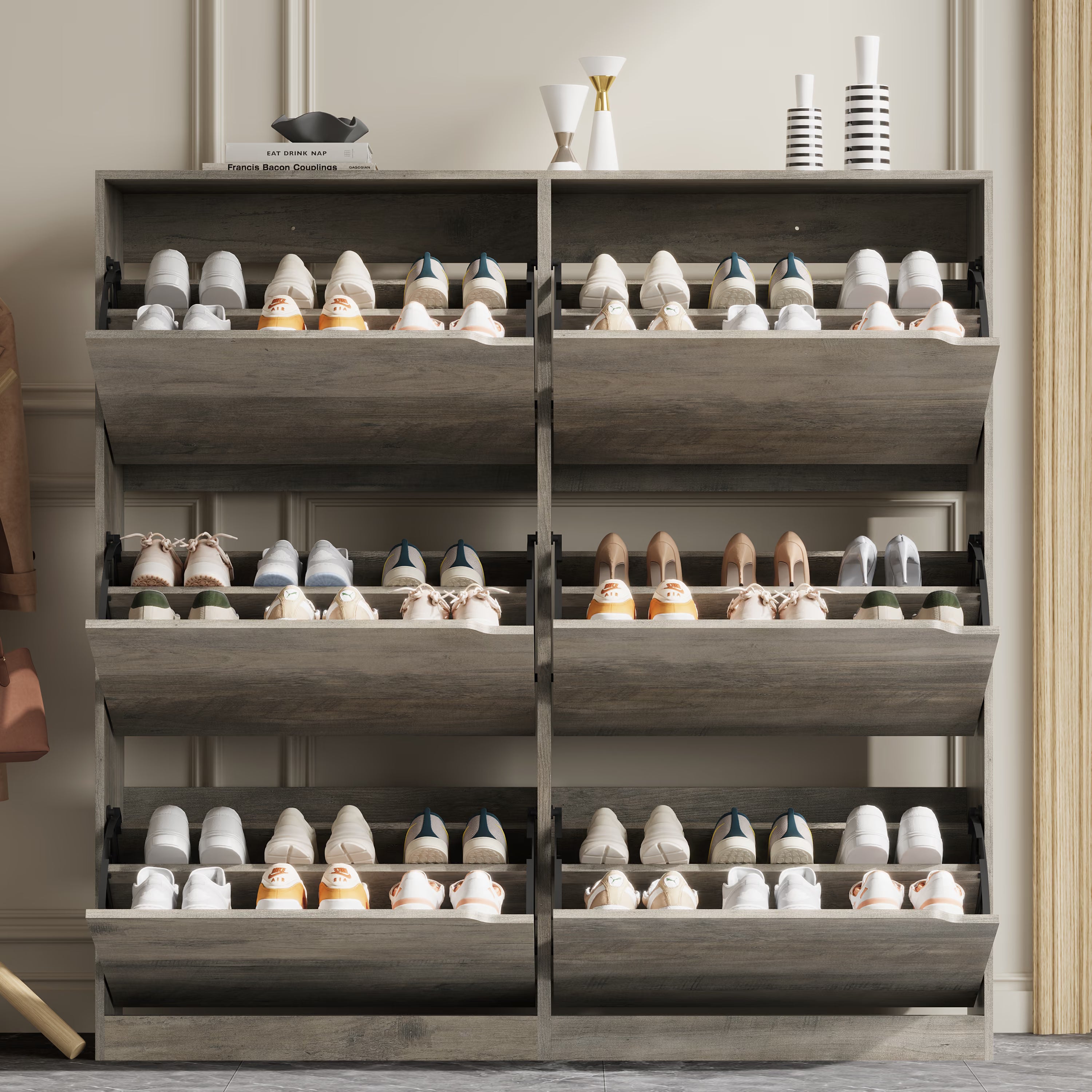 Anymaple Crestline HLG093 Gray narrow shoe cabinet, hallway shoe organizer cabinet for sneakers flats heels and slippers