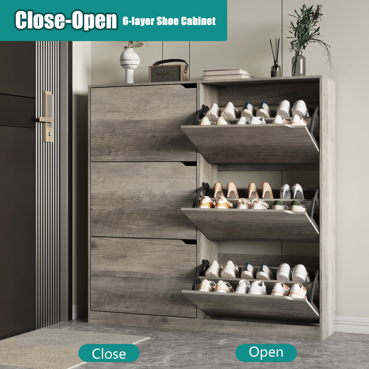 Anymaple Crestline HLG093 Gray narrow shoe cabinet, slim narrow shoe cabinet styled in an entryway or foyer