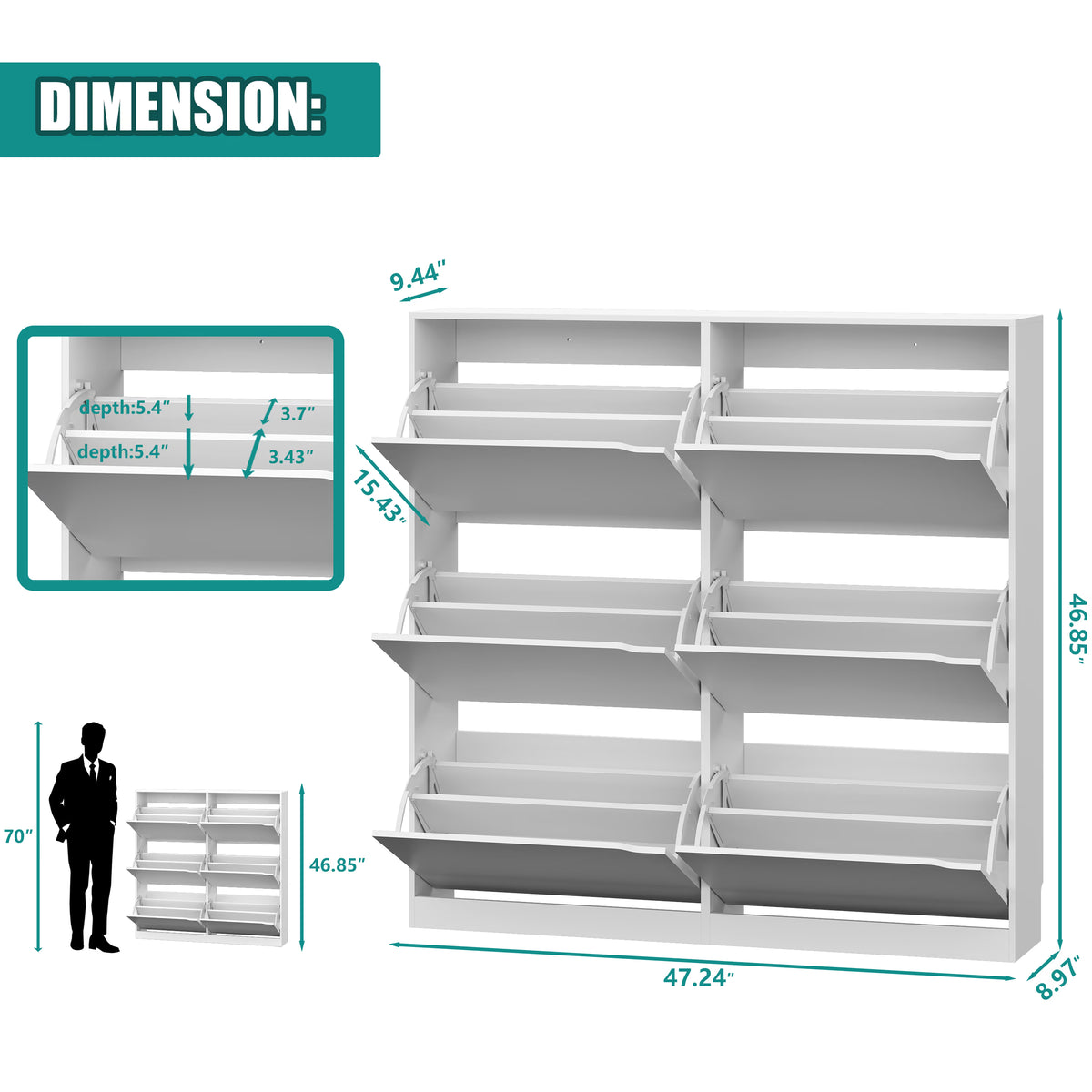 Anymaple Crestline HLG093 White narrow shoe cabinet, dimensions 47.24 inch wide 9.44 inch deep and 46.85 inch high