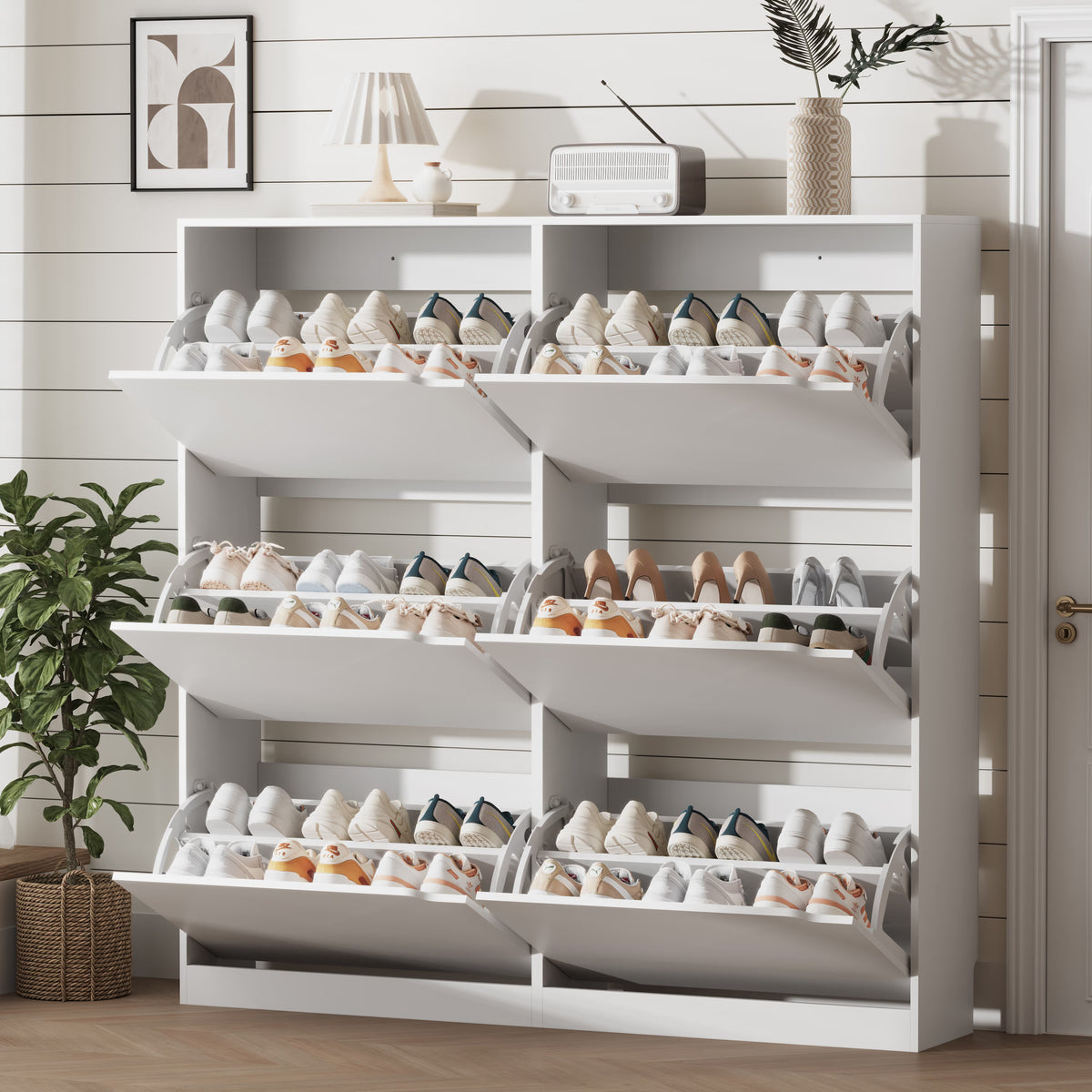 Anymaple Crestline HLG093 White narrow shoe cabinet, 6 flip drawer shoe cabinet for entryway shoe storage
