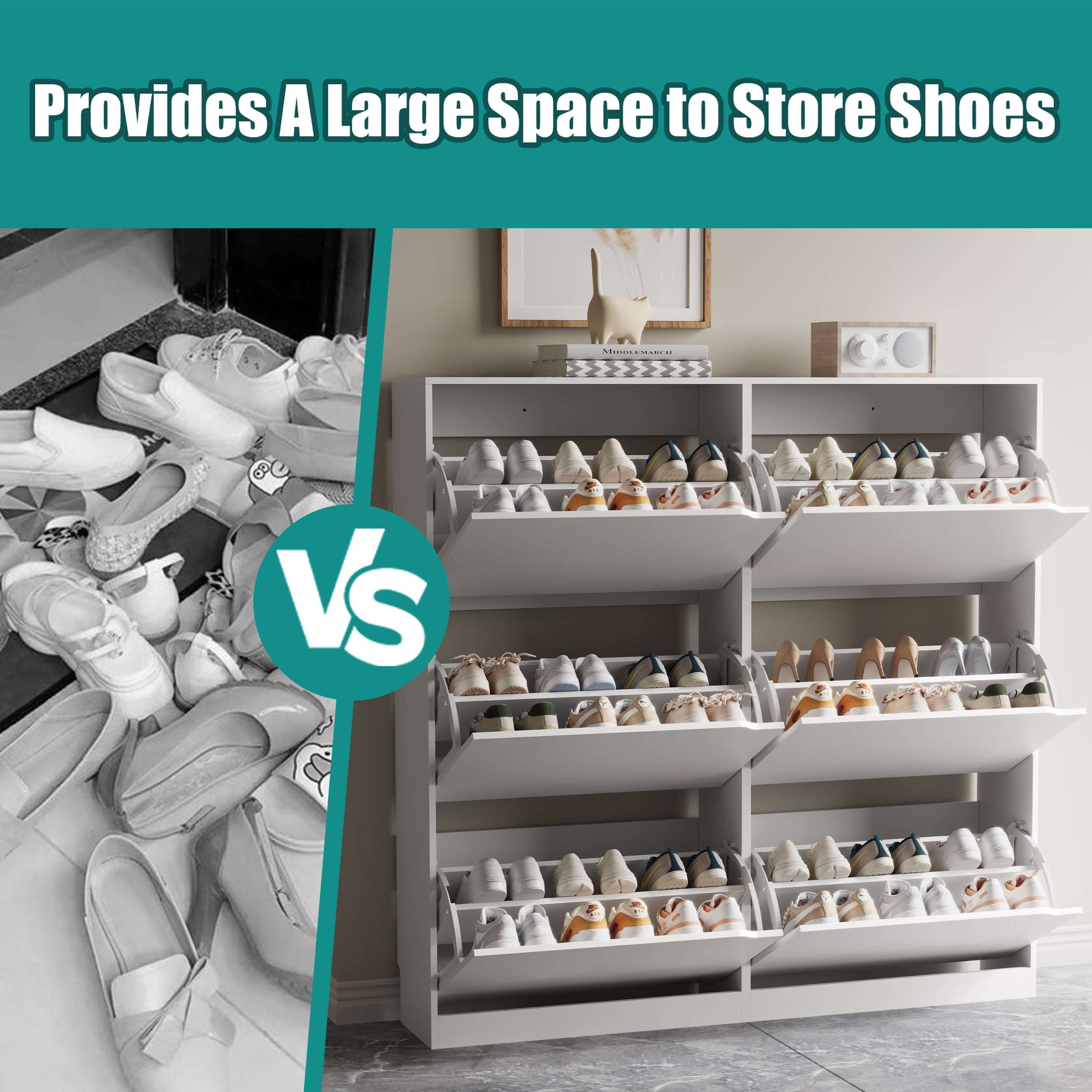Anymaple Crestline HLG093 White narrow shoe cabinet, flip drawer storage design for enclosed dust free footwear organization