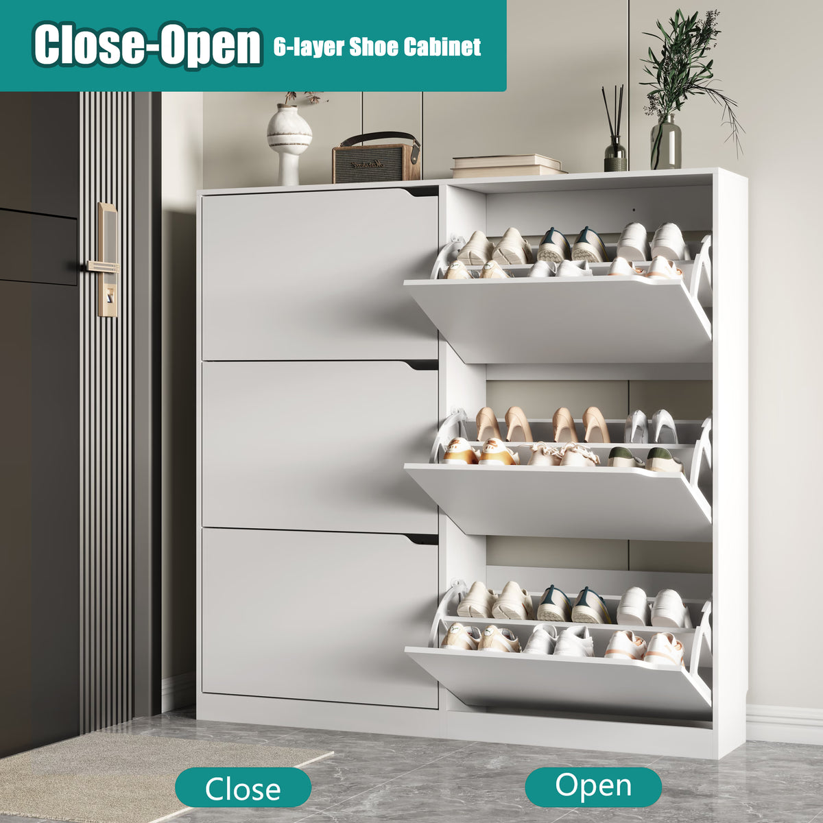 Anymaple Crestline HLG093 White narrow shoe cabinet, slim narrow shoe cabinet styled in an entryway or foyer