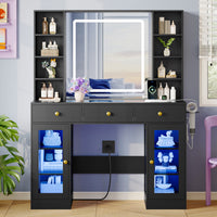 Anymaple Celeste Black glass top vanity desk with HD lighted mirror and storage drawers for bedroom makeup organization