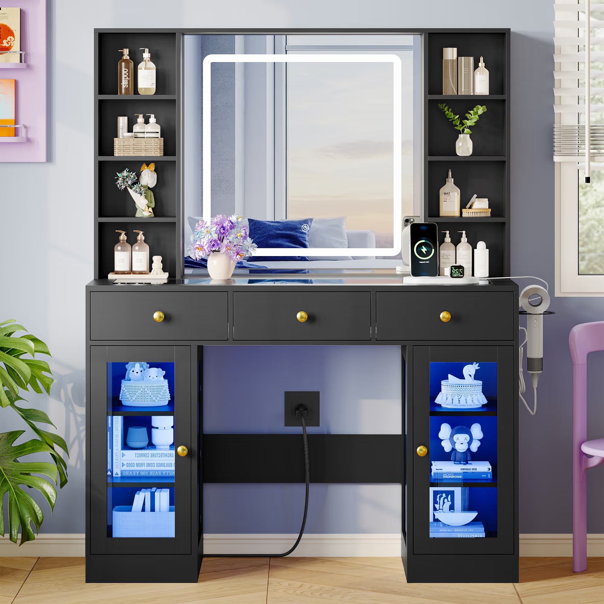 Anymaple Celeste Black glass top vanity desk with HD lighted mirror and storage drawers for bedroom makeup organization