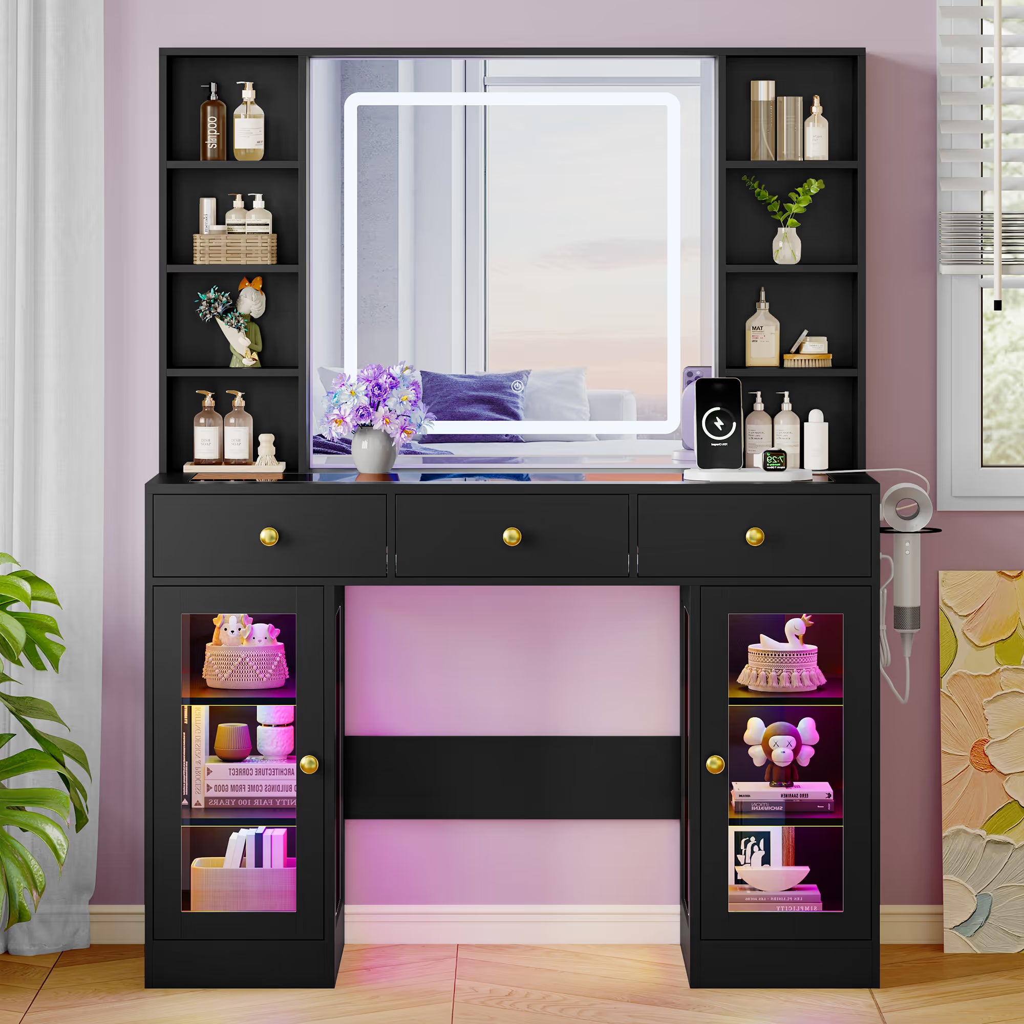 Anymaple Celeste Black glass top vanity desk with HD lighted mirror and storage drawers for bedroom makeup organization
