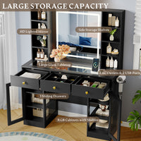 Anymaple Celeste Black glass top vanity desk with 3 drawers, side shelves and RGB cabinet storage for cosmetics