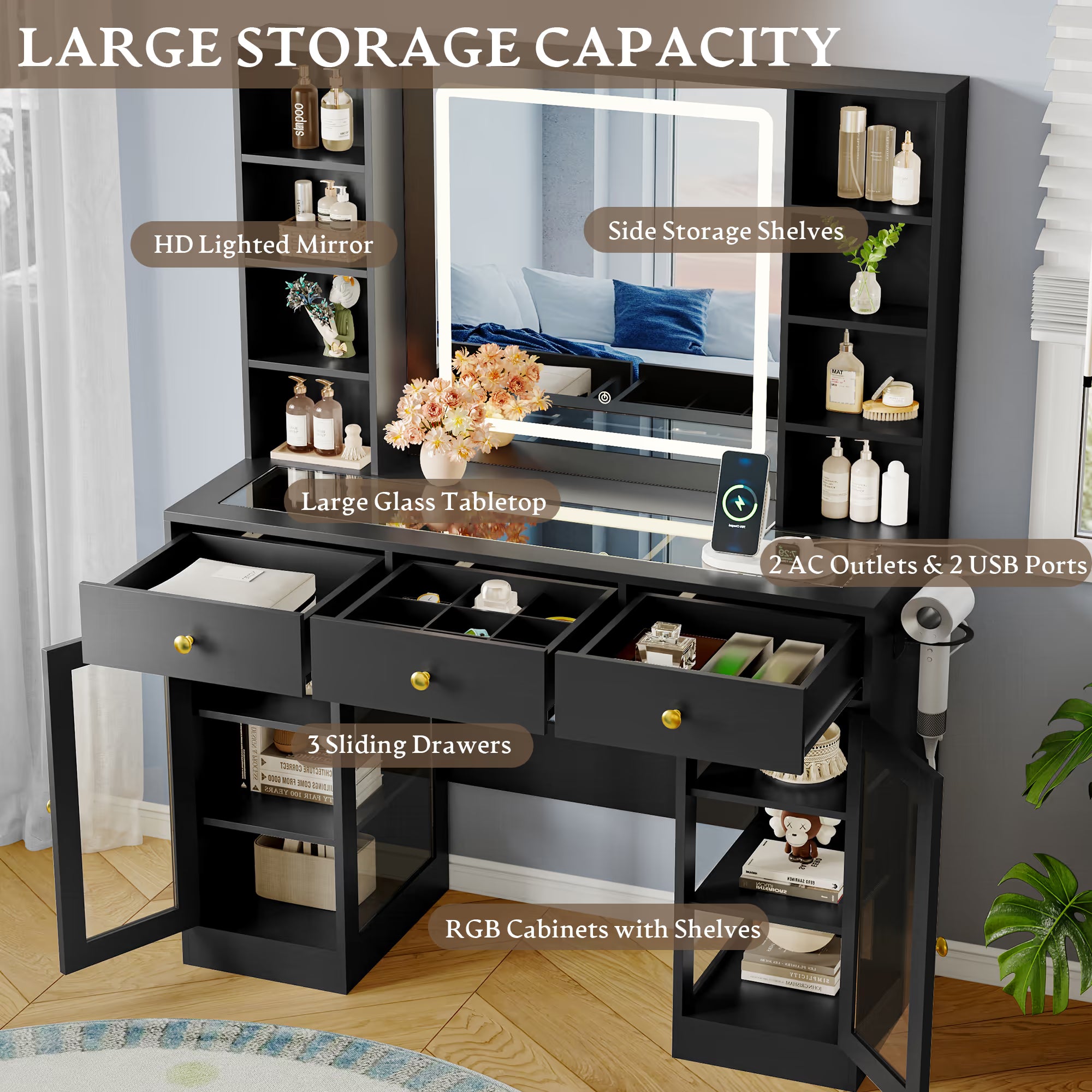 Anymaple Celeste Black glass top vanity desk with 3 drawers, side shelves and RGB cabinet storage for cosmetics