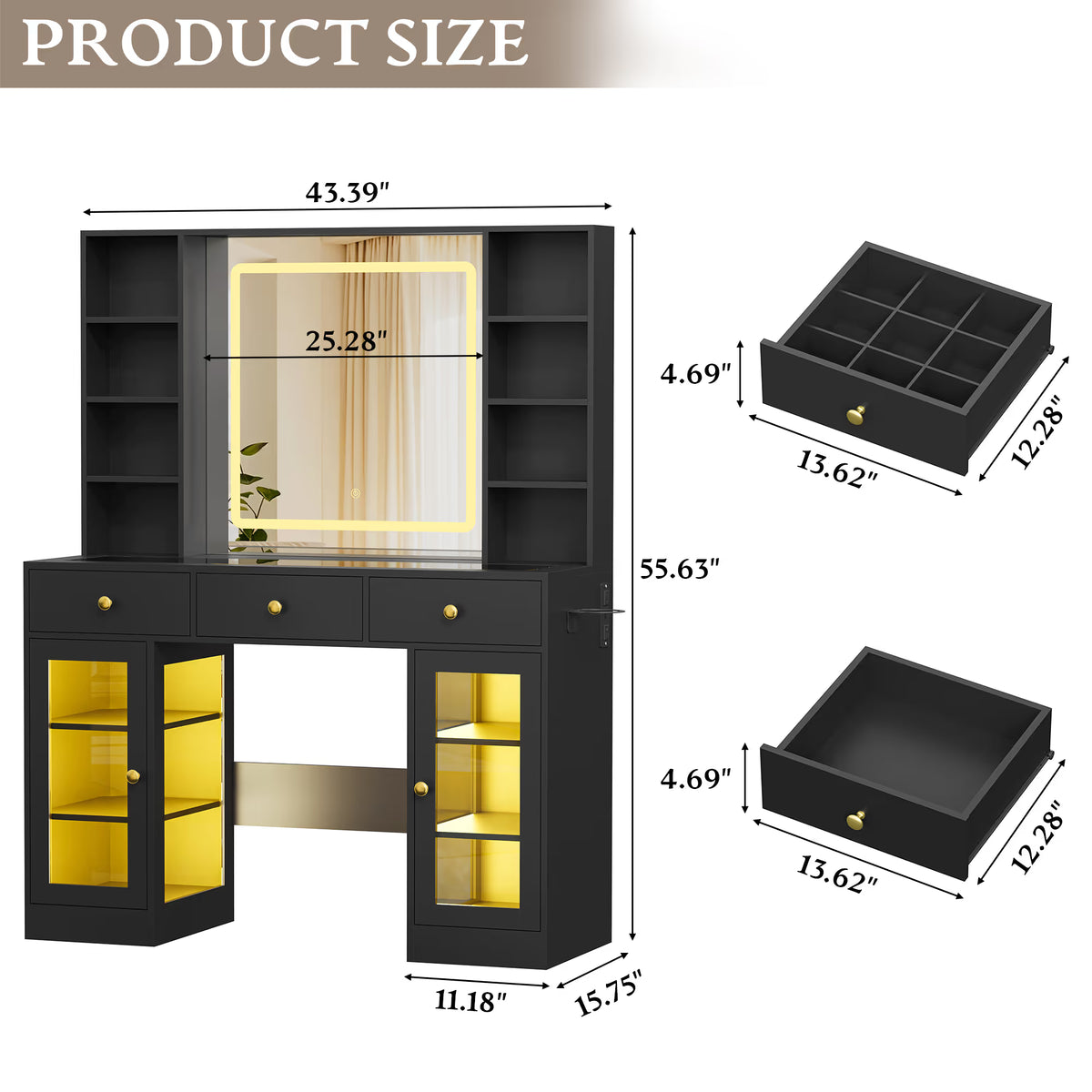 Anymaple Celeste Black glass top vanity desk product size dimensions, 43 inch makeup vanity with lighted mirror