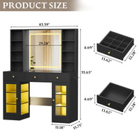 Anymaple Celeste Black glass top vanity desk product size dimensions, 43 inch makeup vanity with lighted mirror