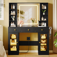 Anymaple Celeste Black glass top vanity desk with HD lighted mirror and storage drawers for bedroom makeup organization