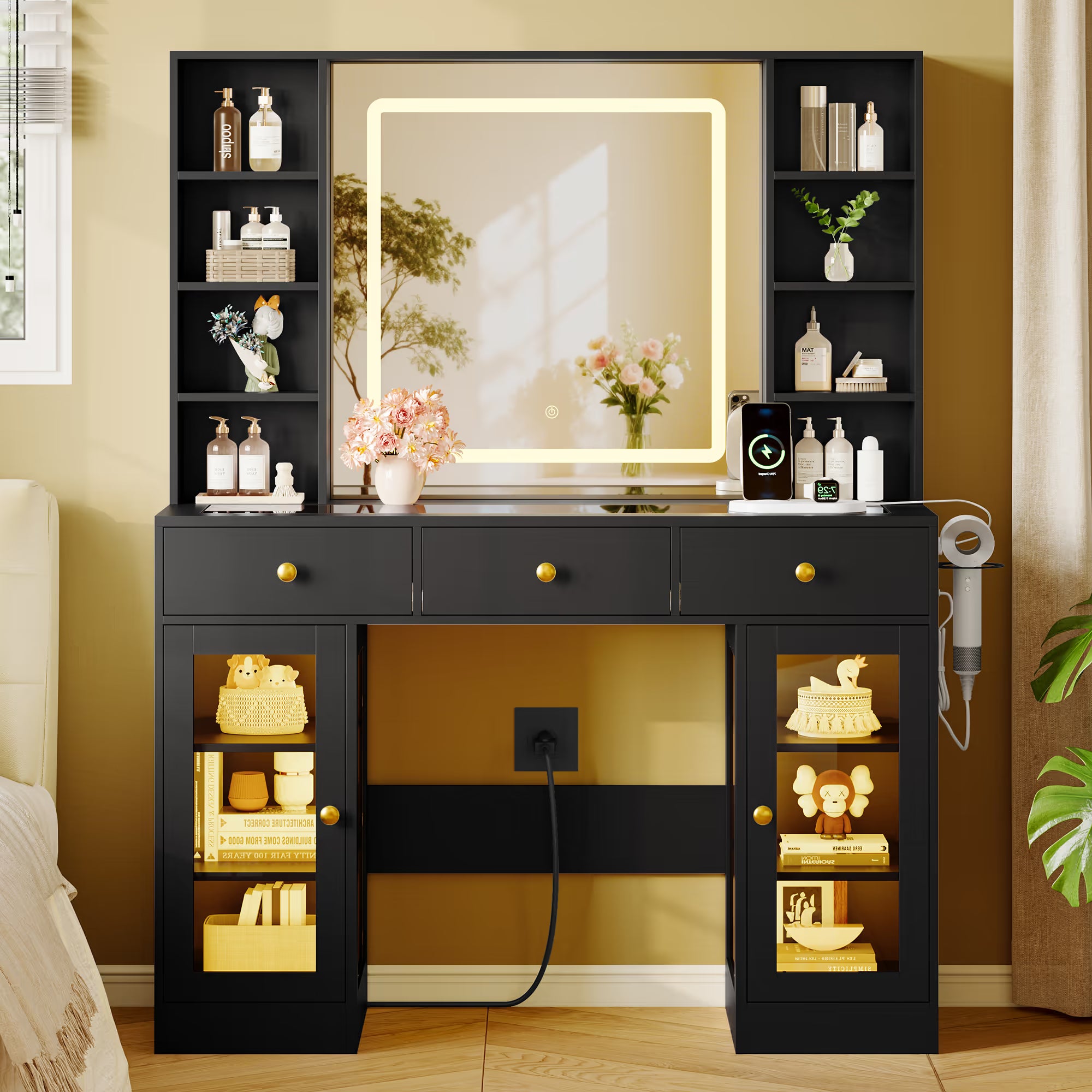 Anymaple Celeste Black glass top vanity desk with HD lighted mirror and storage drawers for bedroom makeup organization