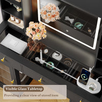 Anymaple Celeste Black glass top vanity desk with visible glass tabletop and organized drawer storage