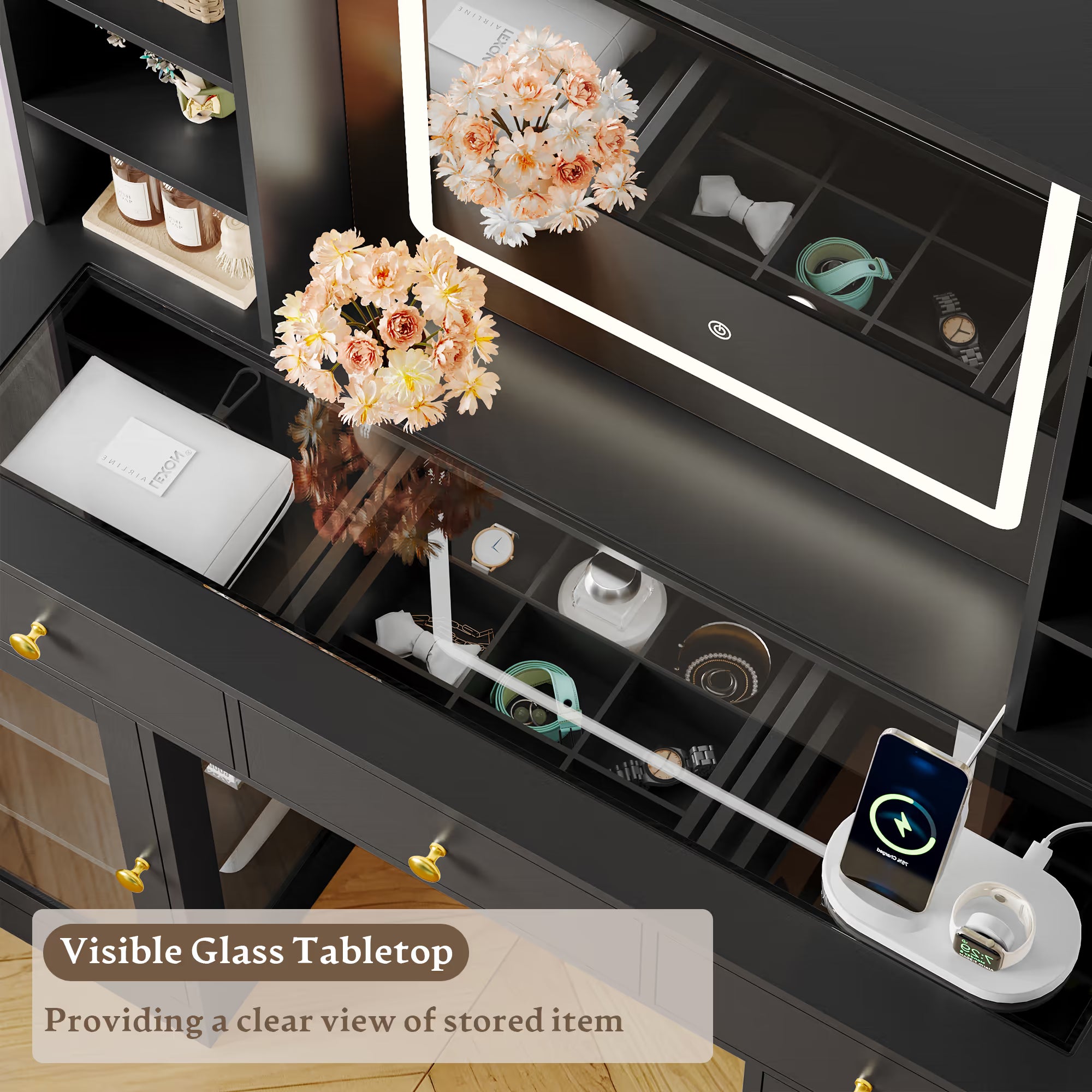 Anymaple Celeste Black glass top vanity desk with visible glass tabletop and organized drawer storage