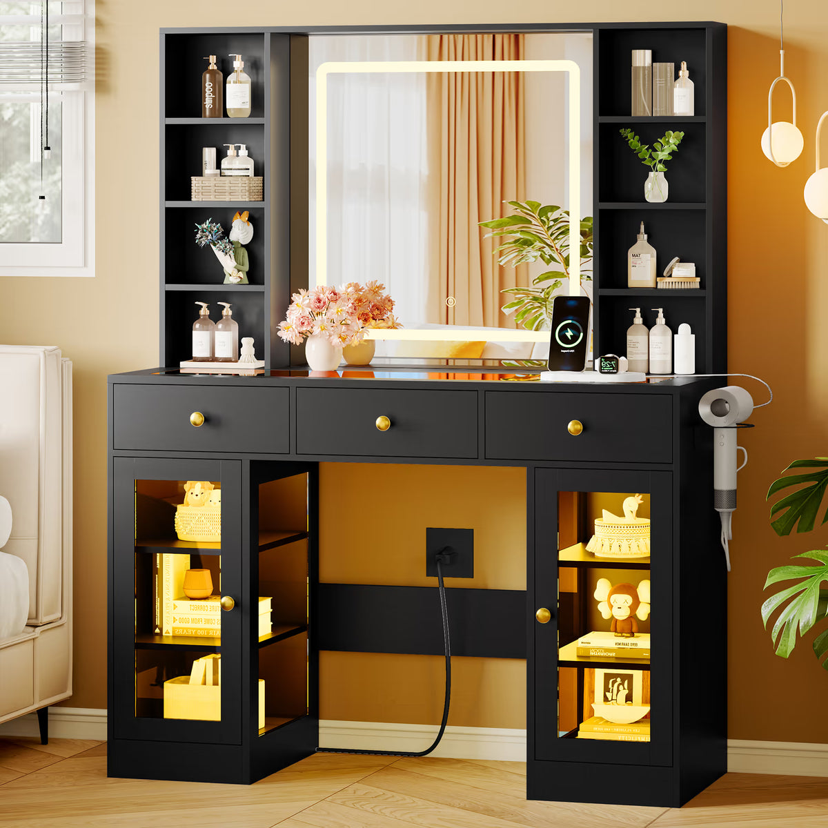 Anymaple Celeste Black glass top vanity desk with HD lighted mirror and storage drawers for bedroom makeup organization