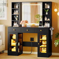 Anymaple Celeste Black glass top vanity desk with HD lighted mirror and storage drawers for bedroom makeup organization