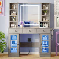 Anymaple Celeste Gray glass top vanity desk with HD lighted mirror and storage drawers for bedroom makeup organization