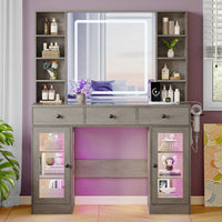 Anymaple Celeste Gray glass top vanity desk with HD lighted mirror and storage drawers for bedroom makeup organization