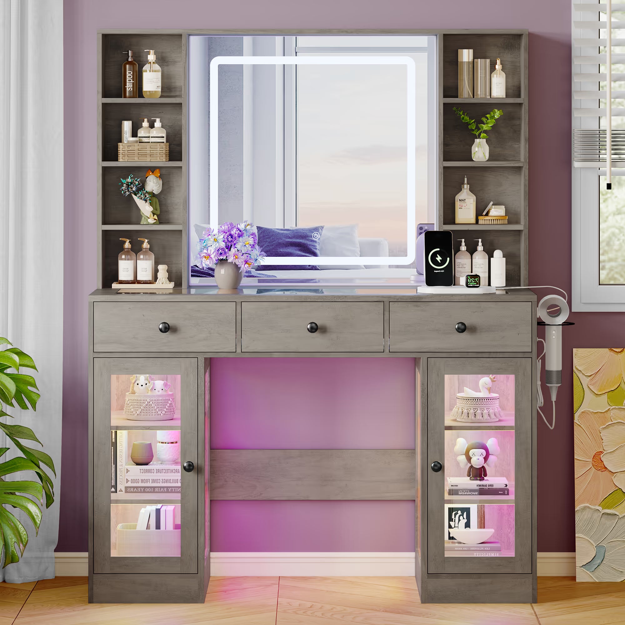 Anymaple Celeste Gray glass top vanity desk with HD lighted mirror and storage drawers for bedroom makeup organization