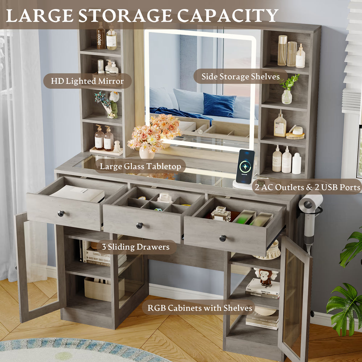 Anymaple Celeste Gray glass top vanity desk with 3 drawers, side shelves and RGB cabinet storage for cosmetics