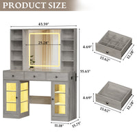 Anymaple Celeste Gray glass top vanity desk product size dimensions, 43 inch makeup vanity with lighted mirror