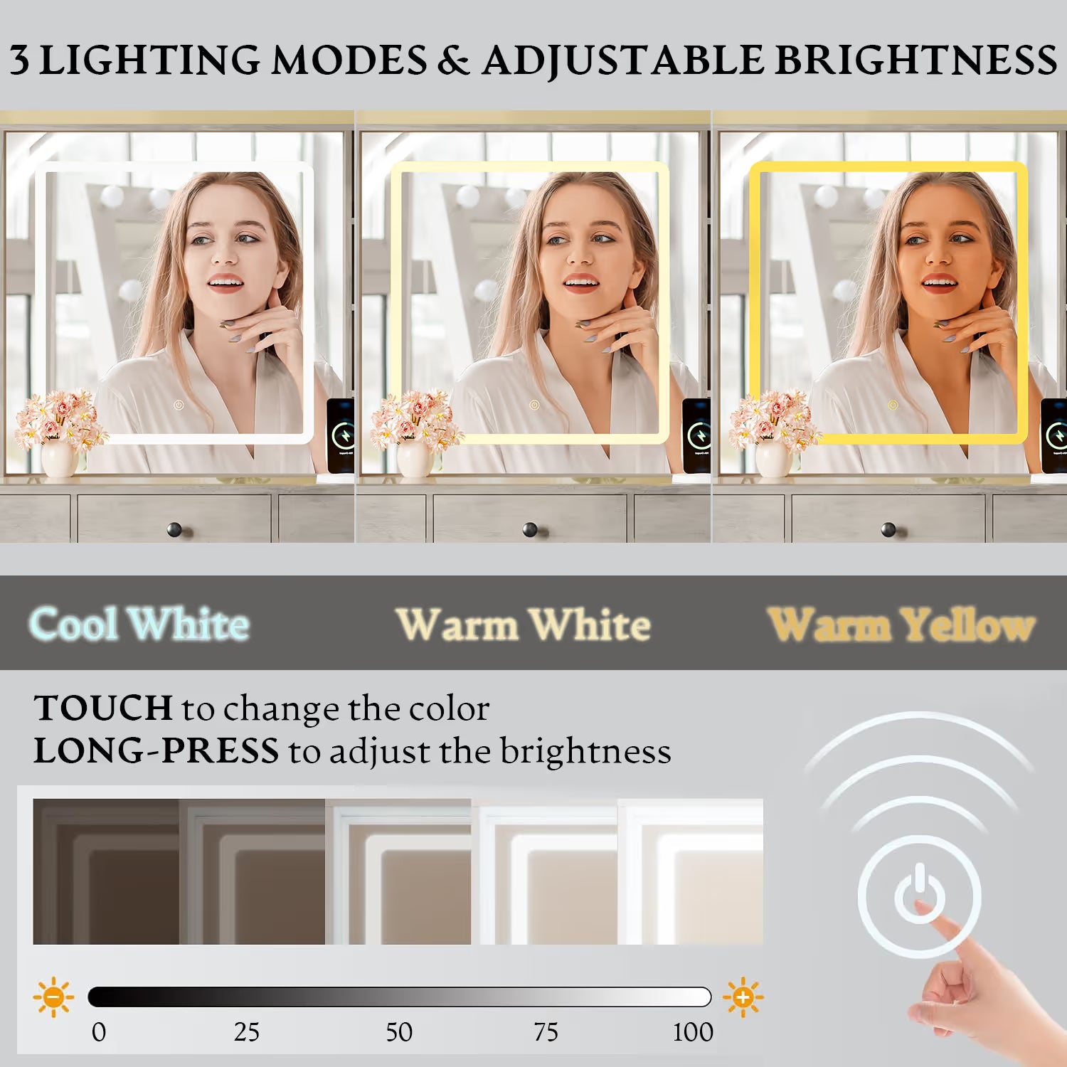 Anymaple Celeste Gray glass top vanity desk with HD lighted mirror, 3 lighting modes and adjustable brightness